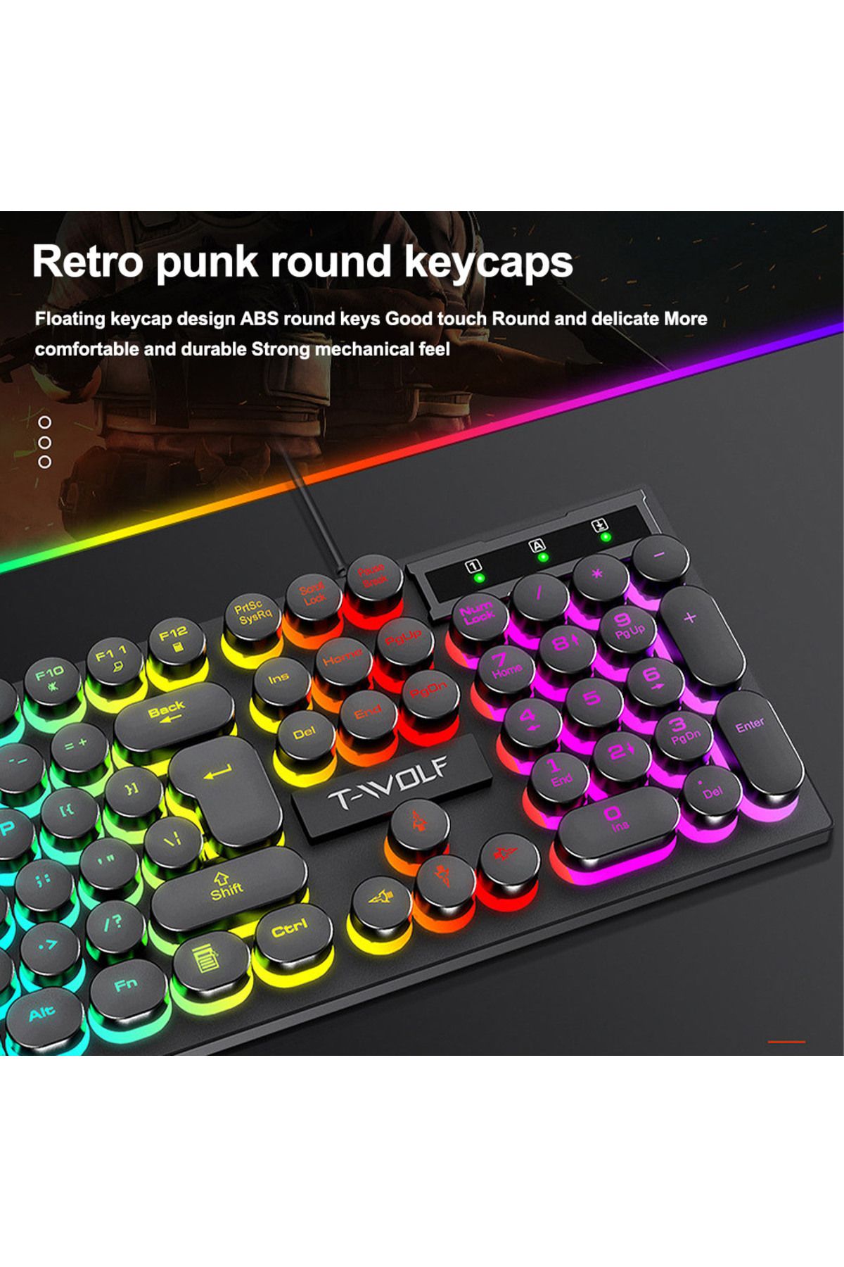 T-WOLF-104-Key RGB Punk Backlit Keyboard & Mouse Combo, Mechanical Feel Gaming Keyboards with Retro Keycaps 5