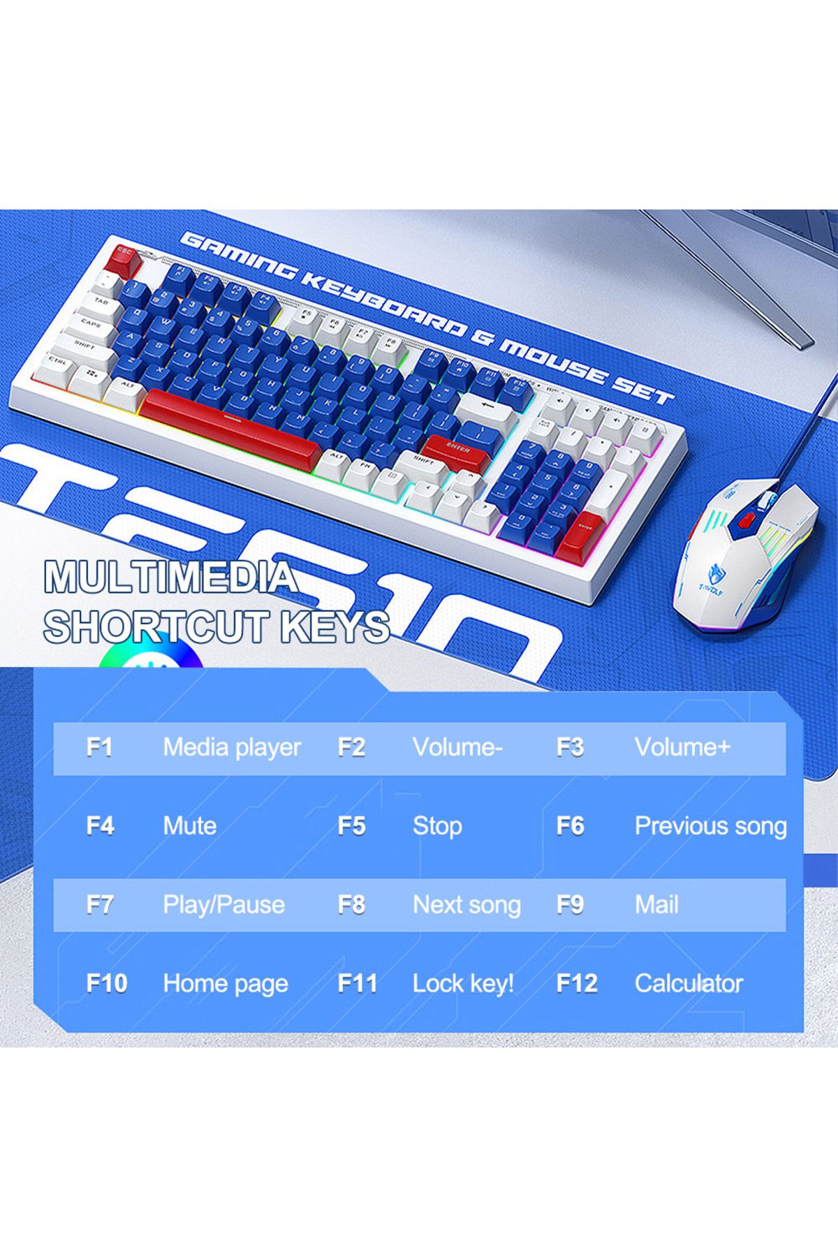 T-WOLF-Gaming Keyboard and Mouse Combo, 98-Key Compact RGB Mechanical Feel Keyboard with Type-C Wired 8