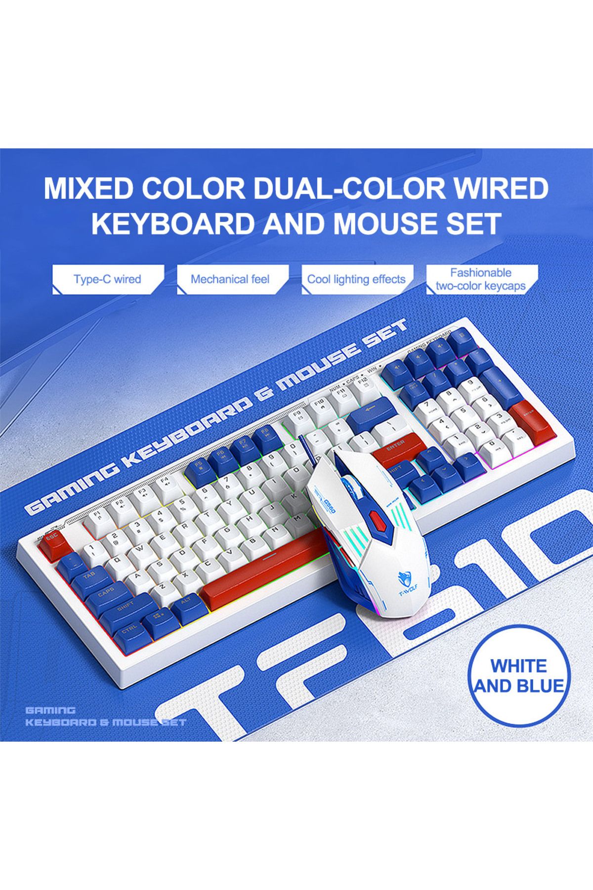 T-WOLF-Gaming Keyboard and Mouse Combo, 98-Key Compact RGB Mechanical Feel Keyboard with Type-C Wired 3
