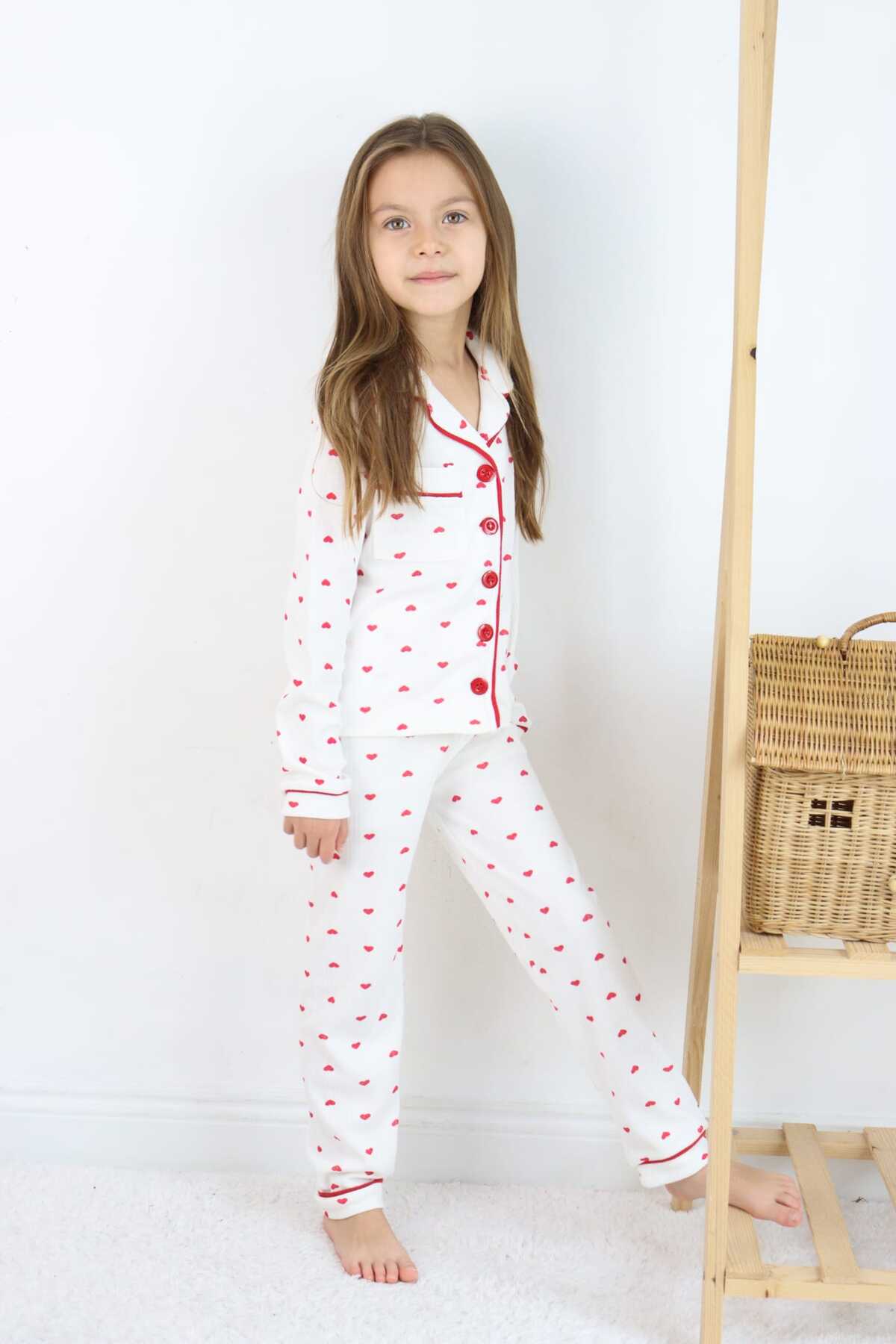 ESİLA KİDS Kız Çocuk Pijama Takımı Kalp Desenli Yakalı Önü Düğmeli Cep Detaylı 4-12 Yaş Arası fotoğrafı 3 (önizleme)