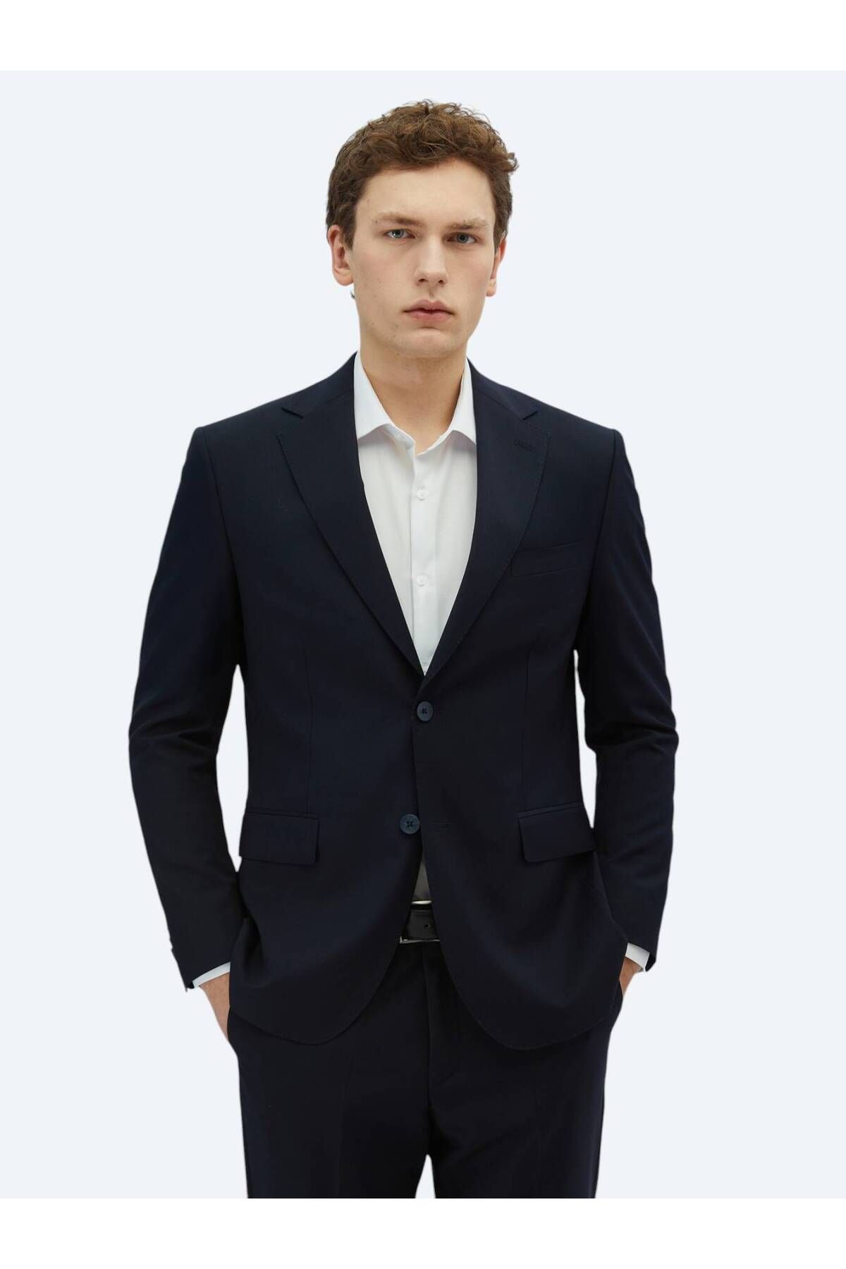 Kip Lacivert Desenli Modern Fit Yün Karışımlı Takım Elbise