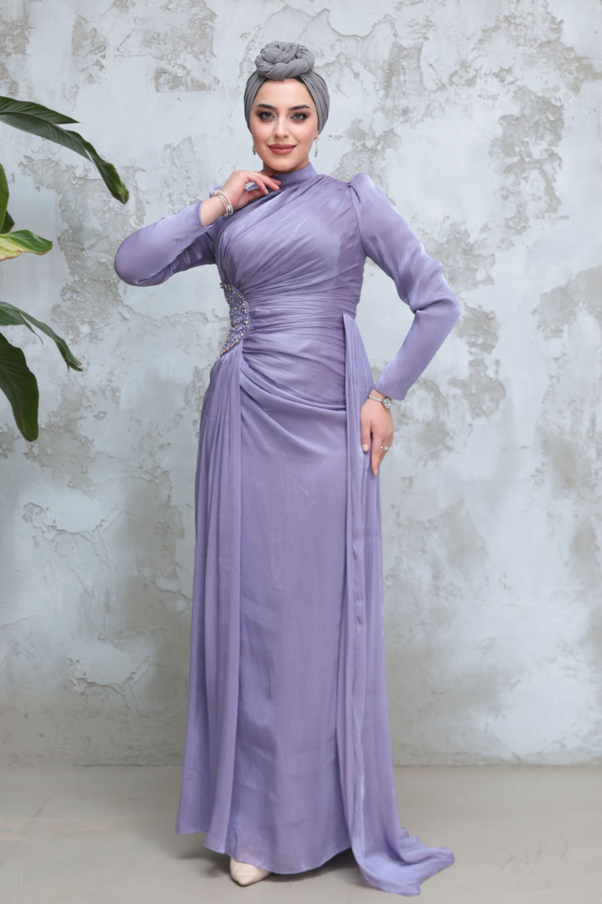 Neva Style Drape Detailed Powder Hijab Evening Dress 51481Pd- Trendyol