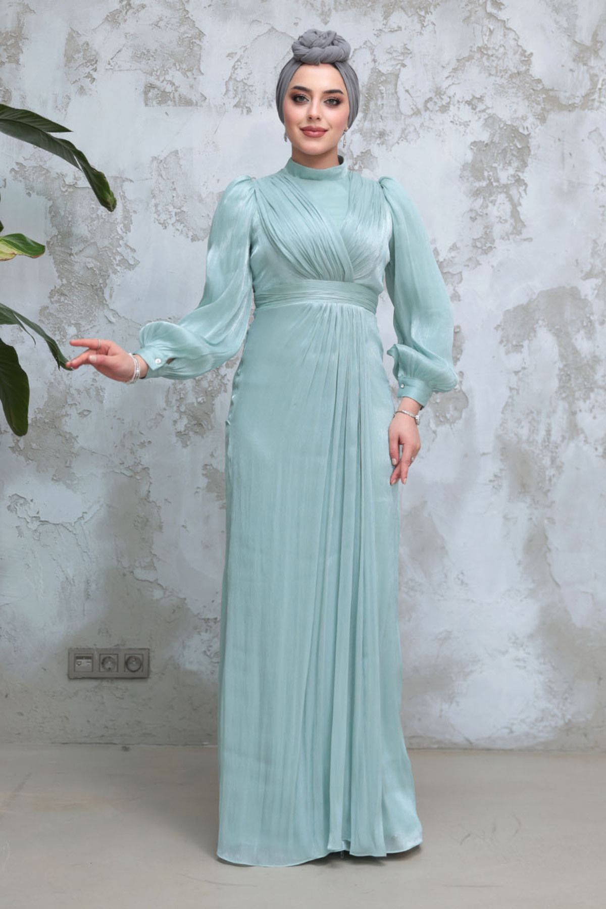 Neva Style-Drape Detailed Mint Hijab Evening Dress 50921Mint 2