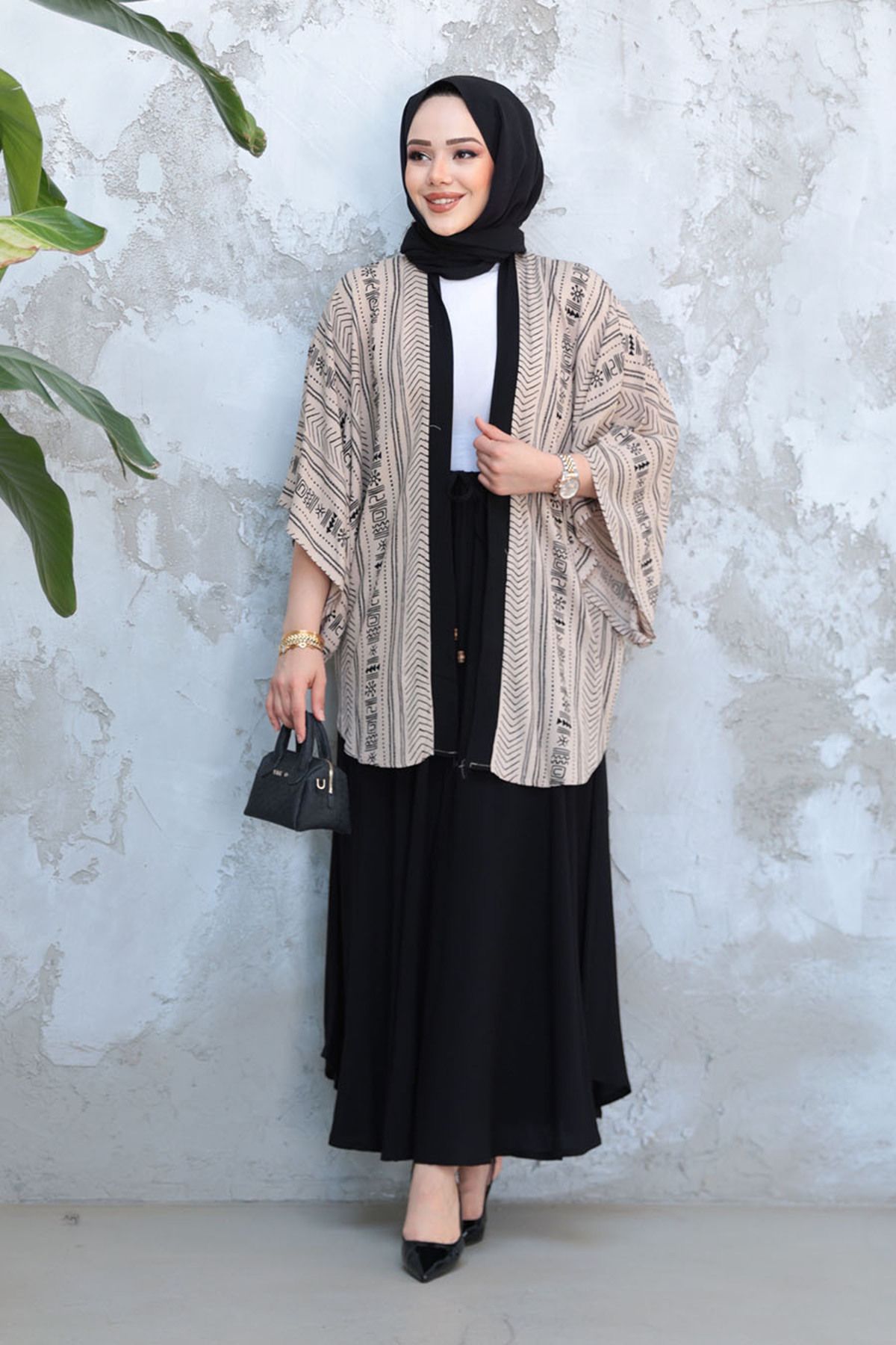 Neva Style-Patterned Mink Hijab Kimono Set with Double Skirt 12891V 3