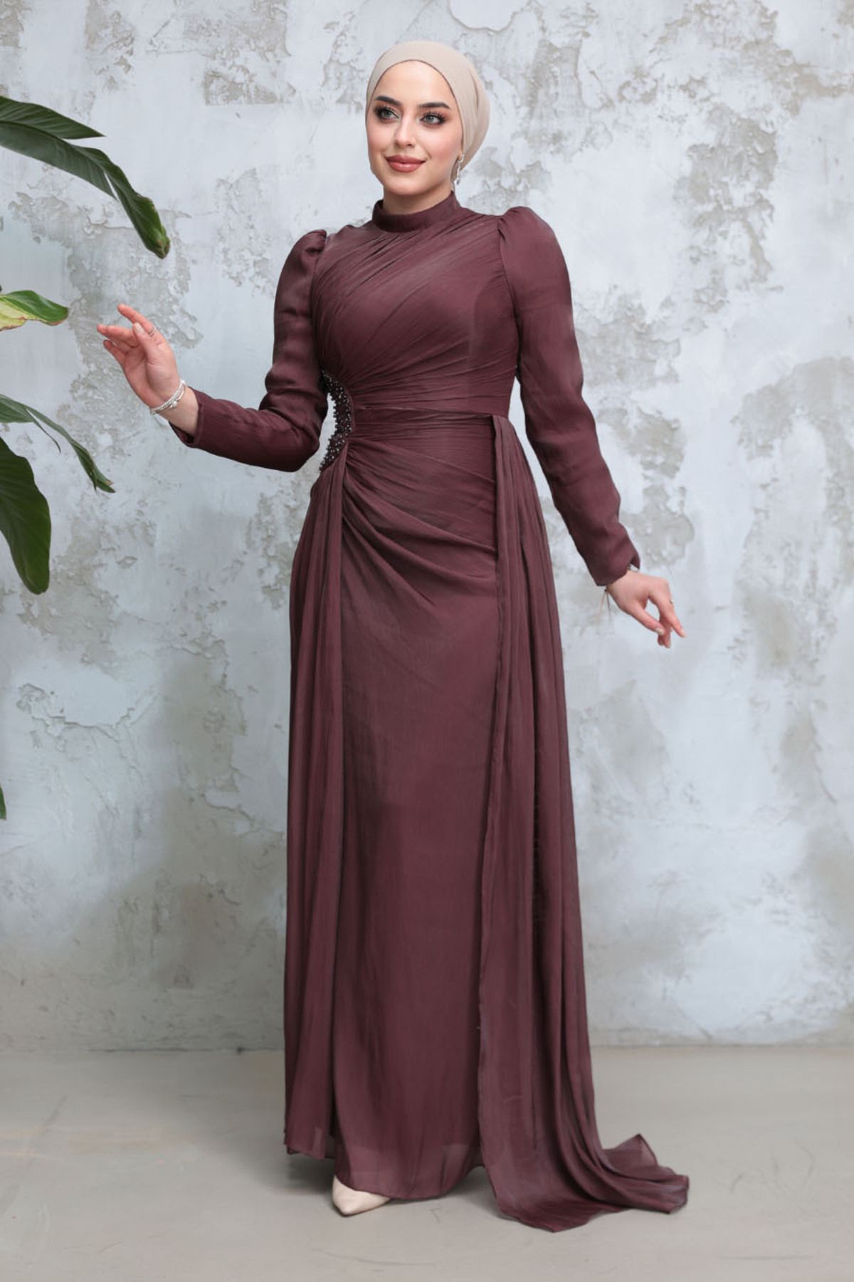 Neva Style-Drape Detailed Brown Hijab Evening Dress 51481Kh 1