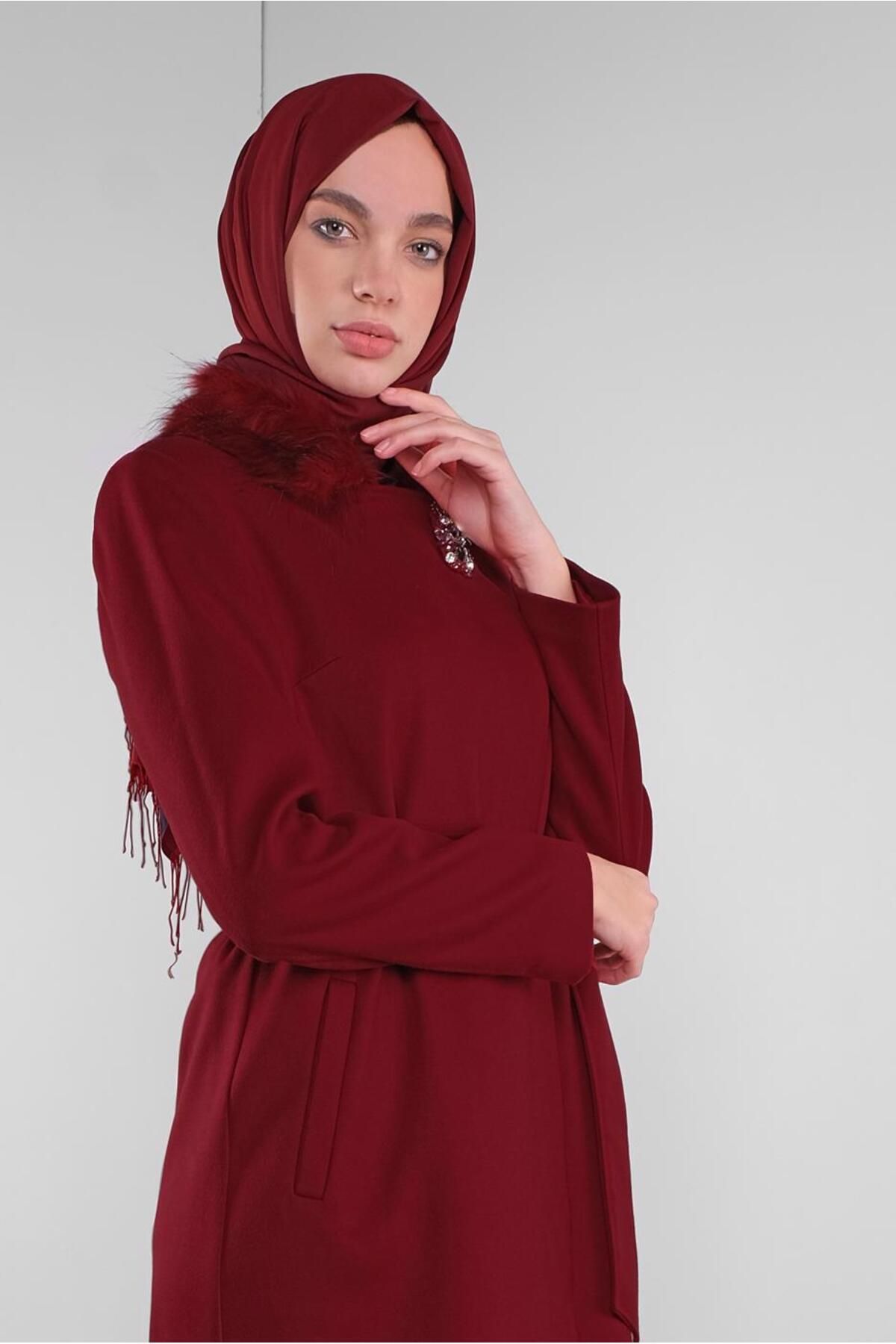 کت کمربند یقه خزدار 90103 Alvina