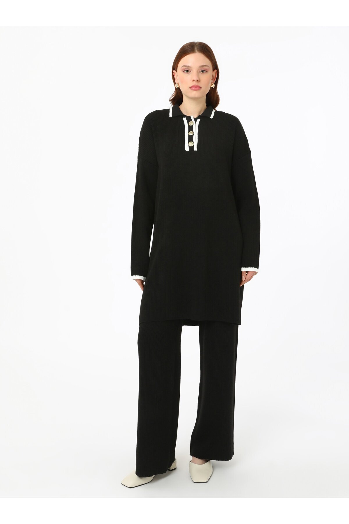 Refka-Gold Button Detailed Sweater Trousers Sweater Set - Black - Refka 1