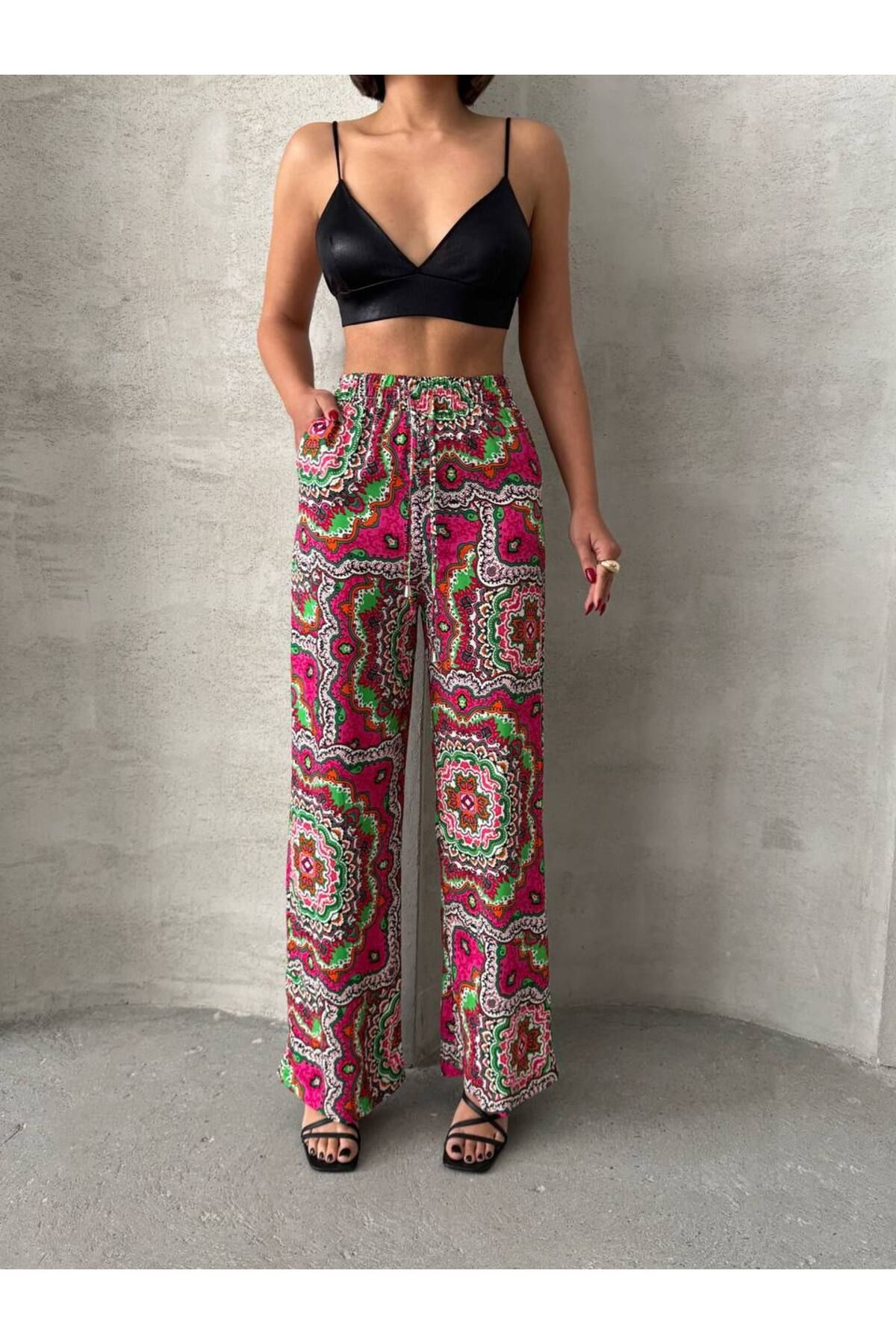 İLKCET MODA Pantaloni De Damă Din Viscoză Cu Picioare Largi Cu Model Femeie - M