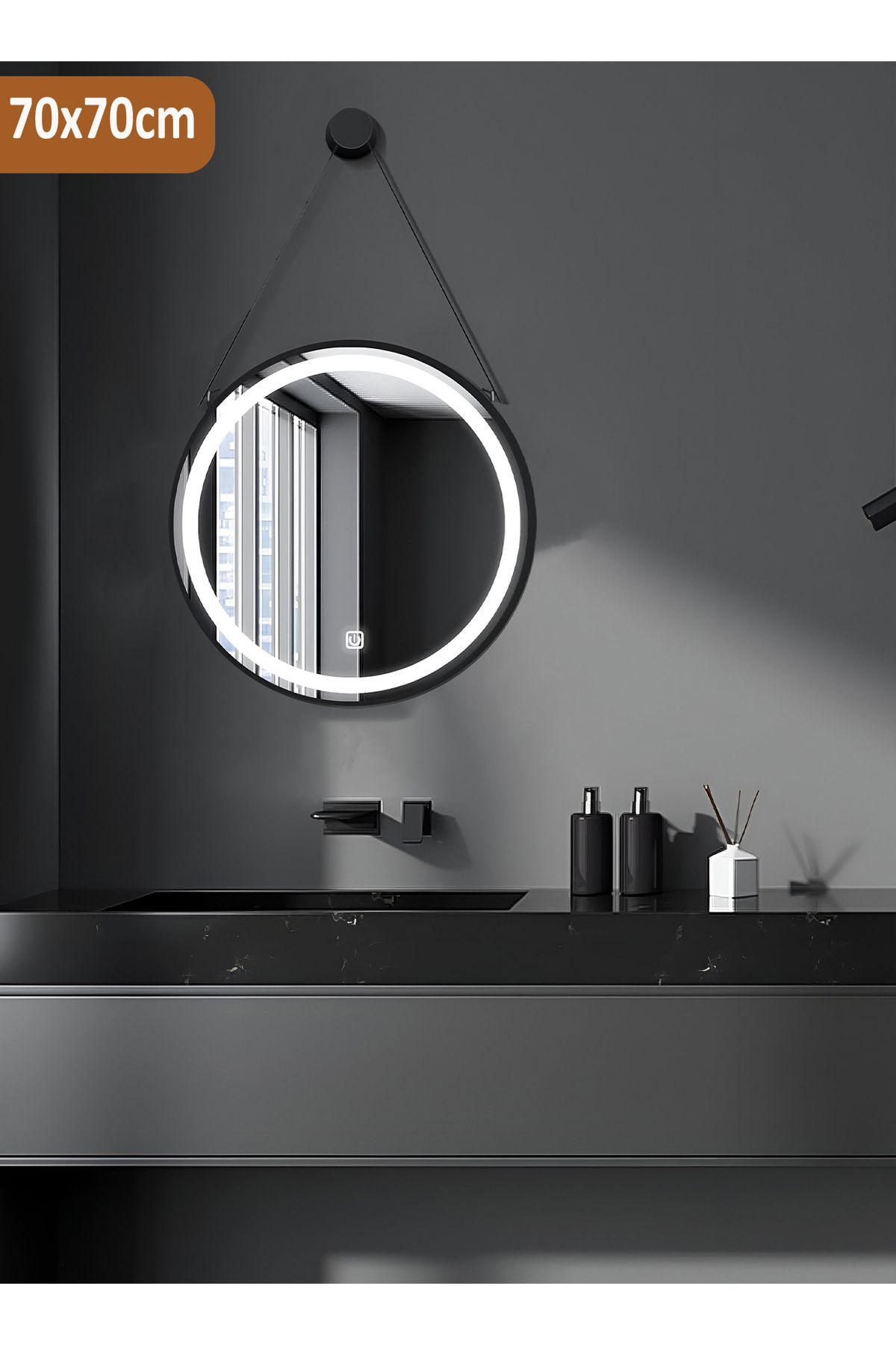 Taimi-Round Mirror Black 70cm With Strap 3 Lighting Modes And Smart Touch Button - Wired 1