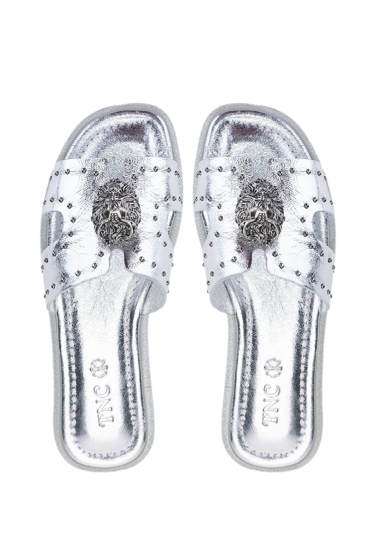 Tamer Tanca-Women's Genuine Leather Gray Flat Slippers 5