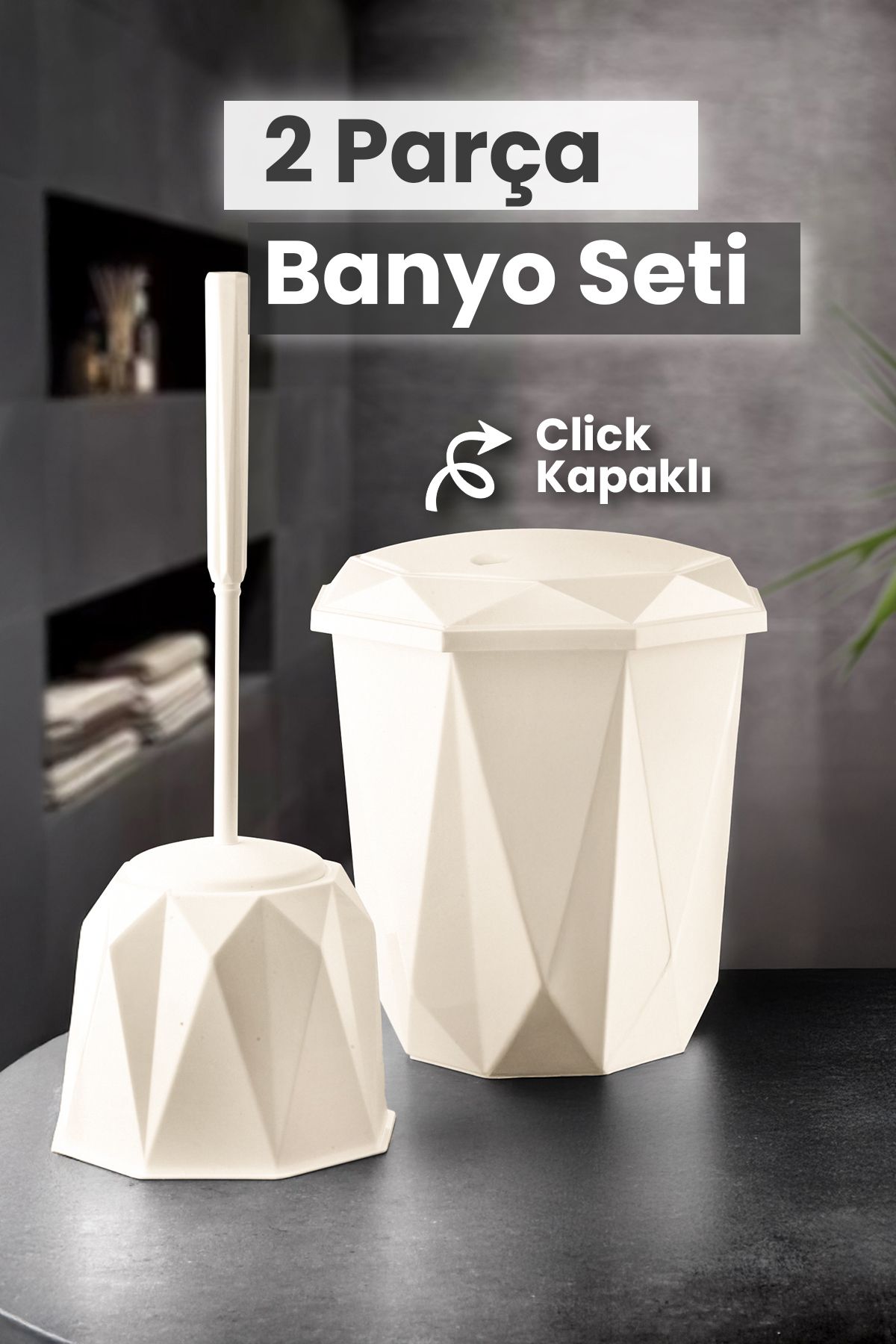 2 Parça Vanity Klik Kapaklı Banyo Seti - Dekoratif Banyo Düzenleyici Çöp Kovası Wc Klozet Fırça Seti