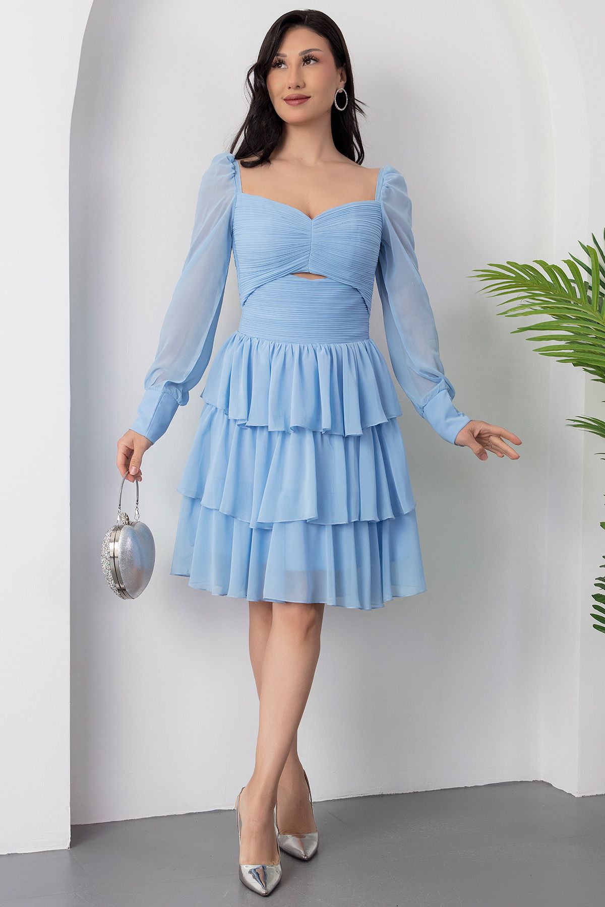 PULLIMM-Rochie din șifon cu mâneci lungi, cu decolteu în formă de inimă, ECR5547 6