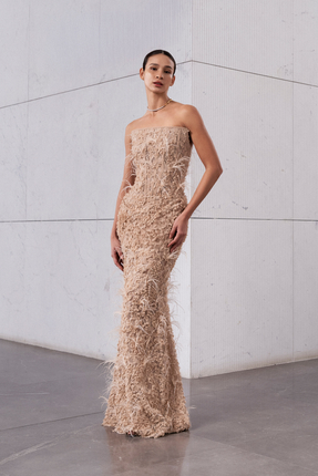 cercis Korsajlı Tüy Detaylı Straplez Uzun Abiye Elbise