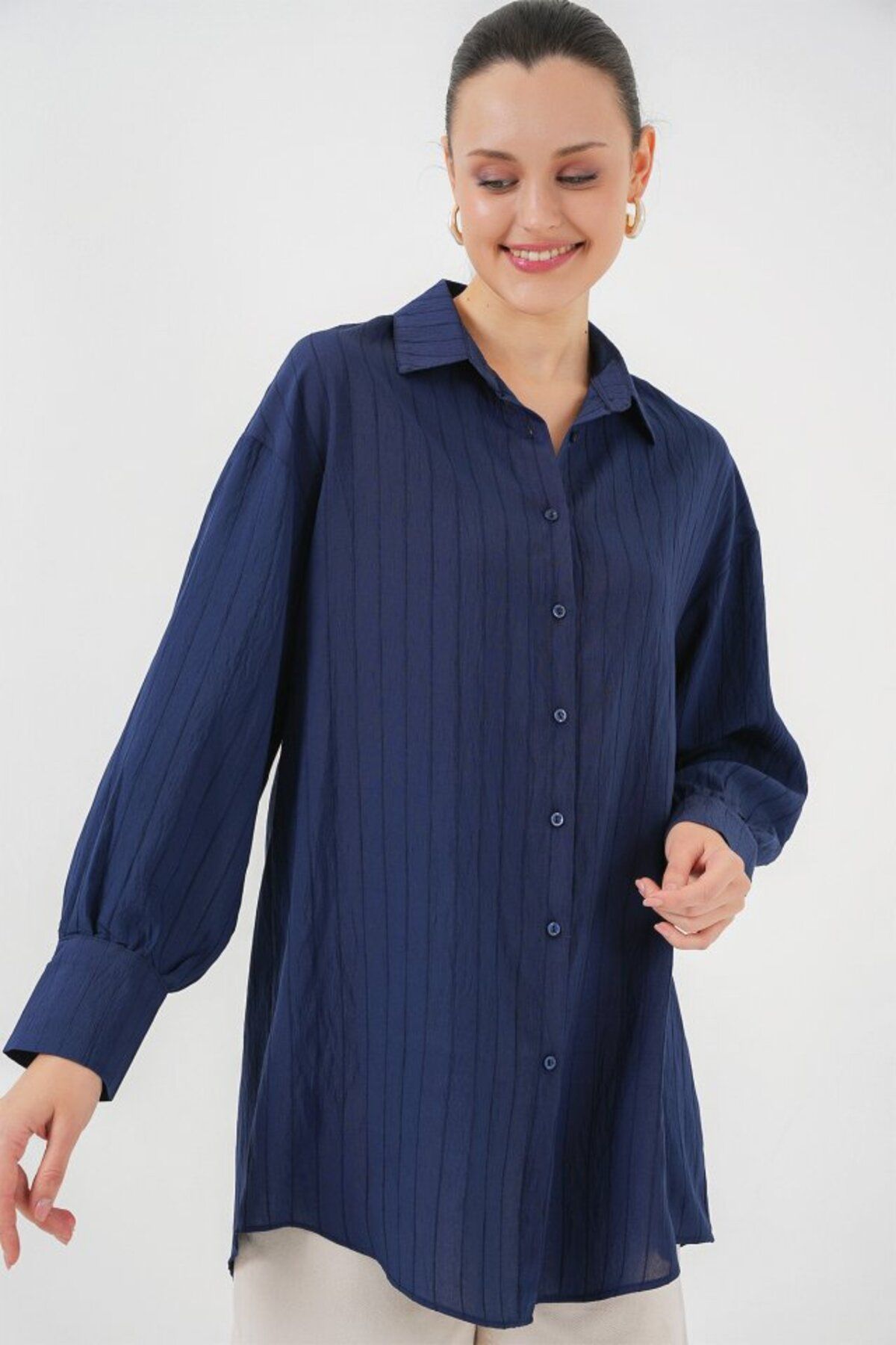 munn collection Çizgili Uzun Gömlek Tunik 5963 - Lacivert