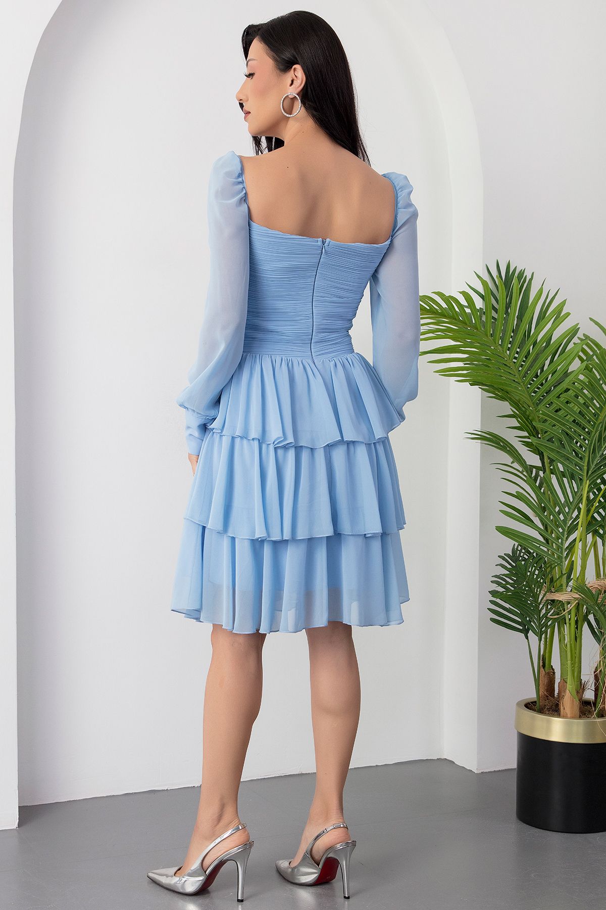 PULLIMM-Rochie din șifon cu mâneci lungi, cu decolteu în formă de inimă, ECR5547 7