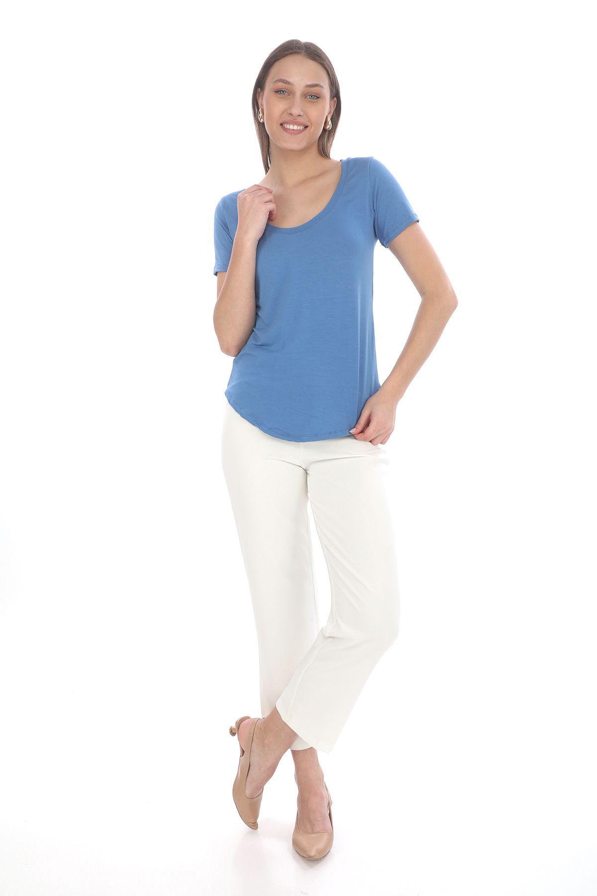 penyebizden-Tricou cu guler decoltat fluid din viscoză-albastru 3