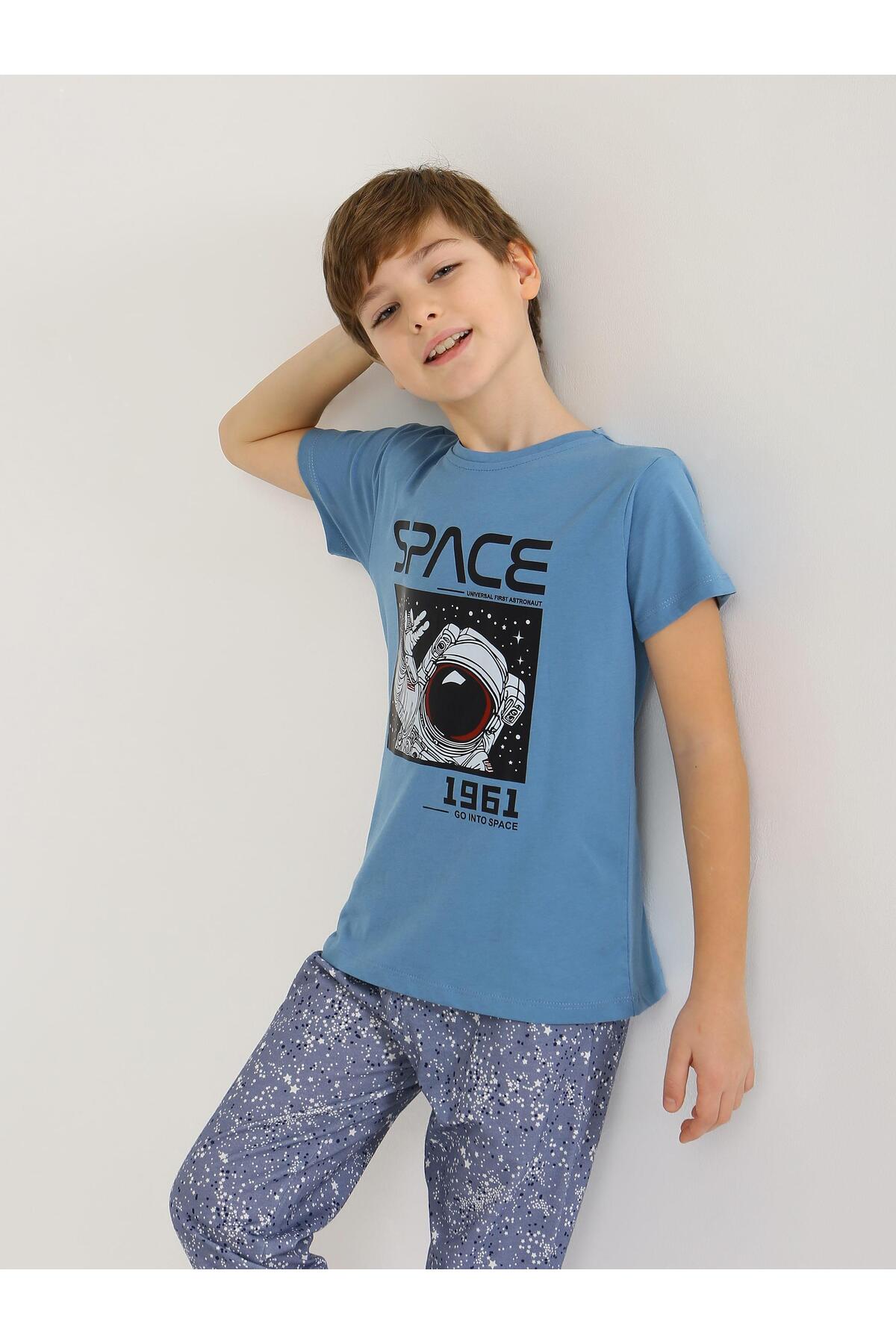 vitmo Erkek Çocuk Kısa Kollu %100 Pamuklu Pijama Takımı Go Space fotoğrafı 3 (önizleme)
