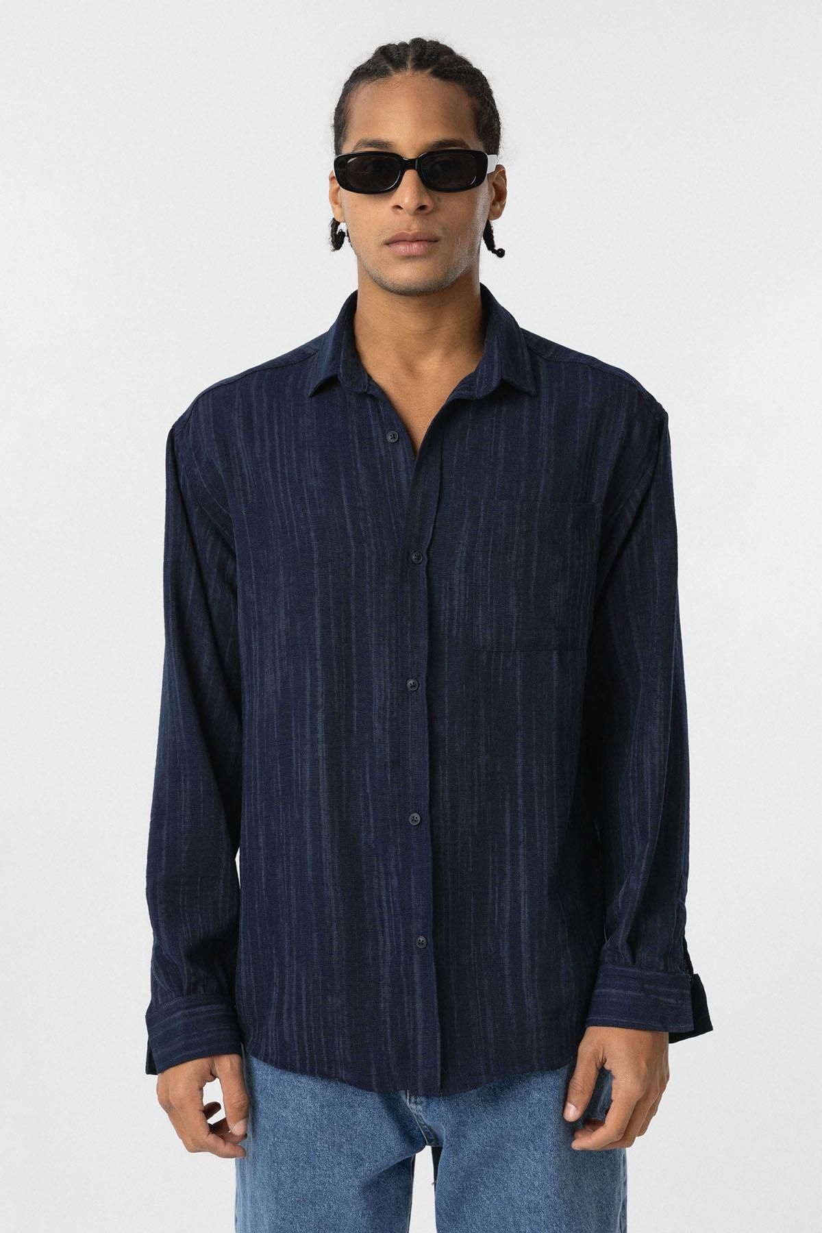 VAMOSCLO-Navy Blue Oversize Linen - Long Sleeve Shirt 3