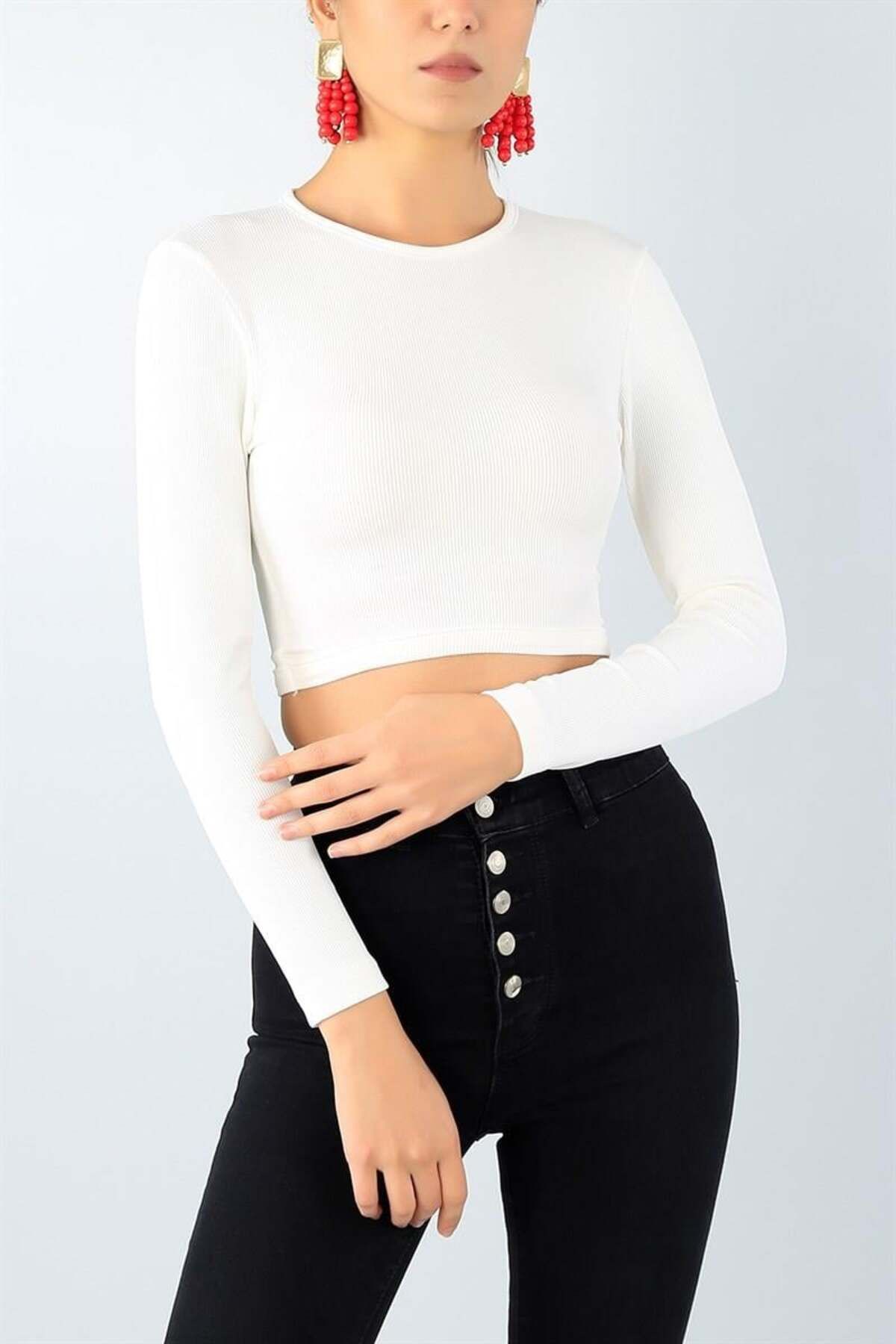 Giyimodam Kadın Fitilli Likralı Yumuşak Dokulu Ekru Crop Body