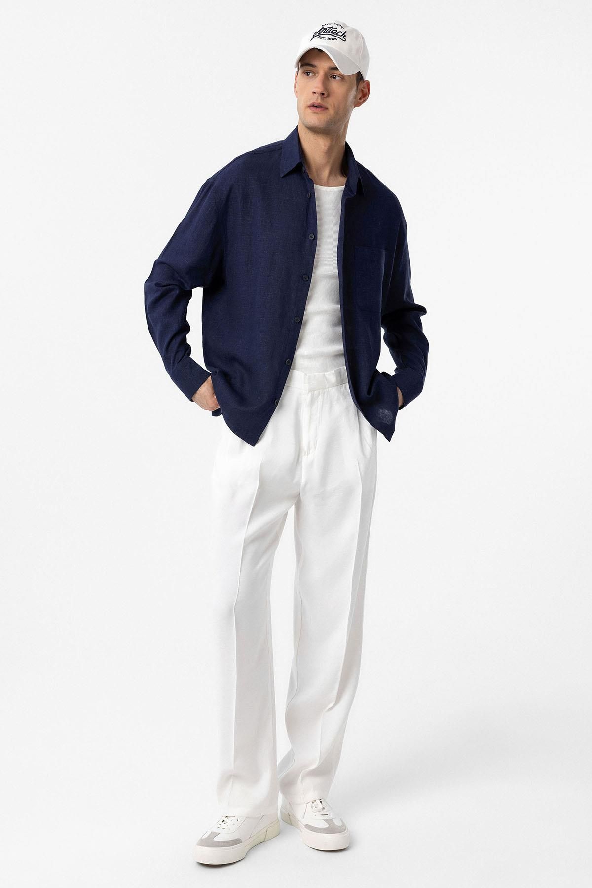 Antioch-Navy Blue Linen Blended Relax Fit Men's Shirt 2