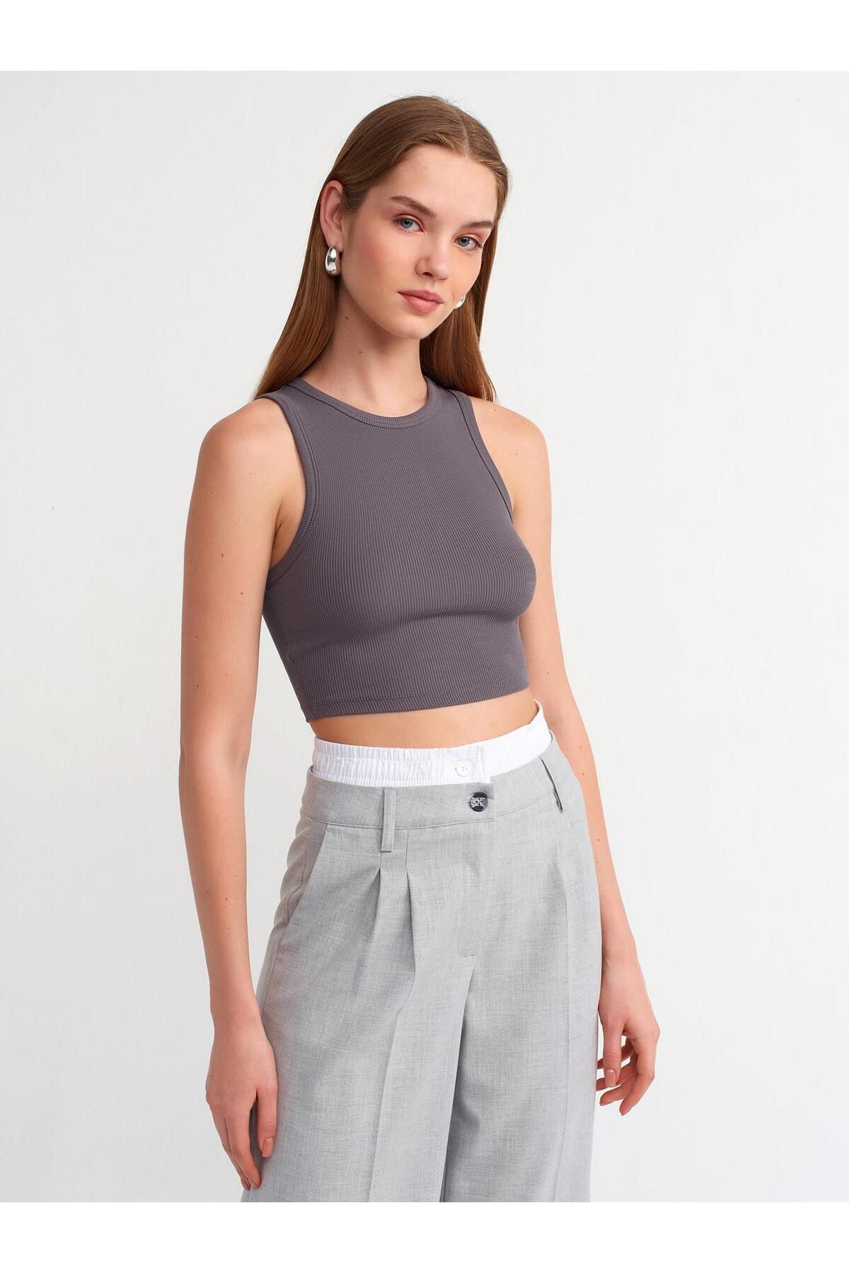 Giyimodam Kadın Halter Yaka Kaşkorse Füme Crop Atlet