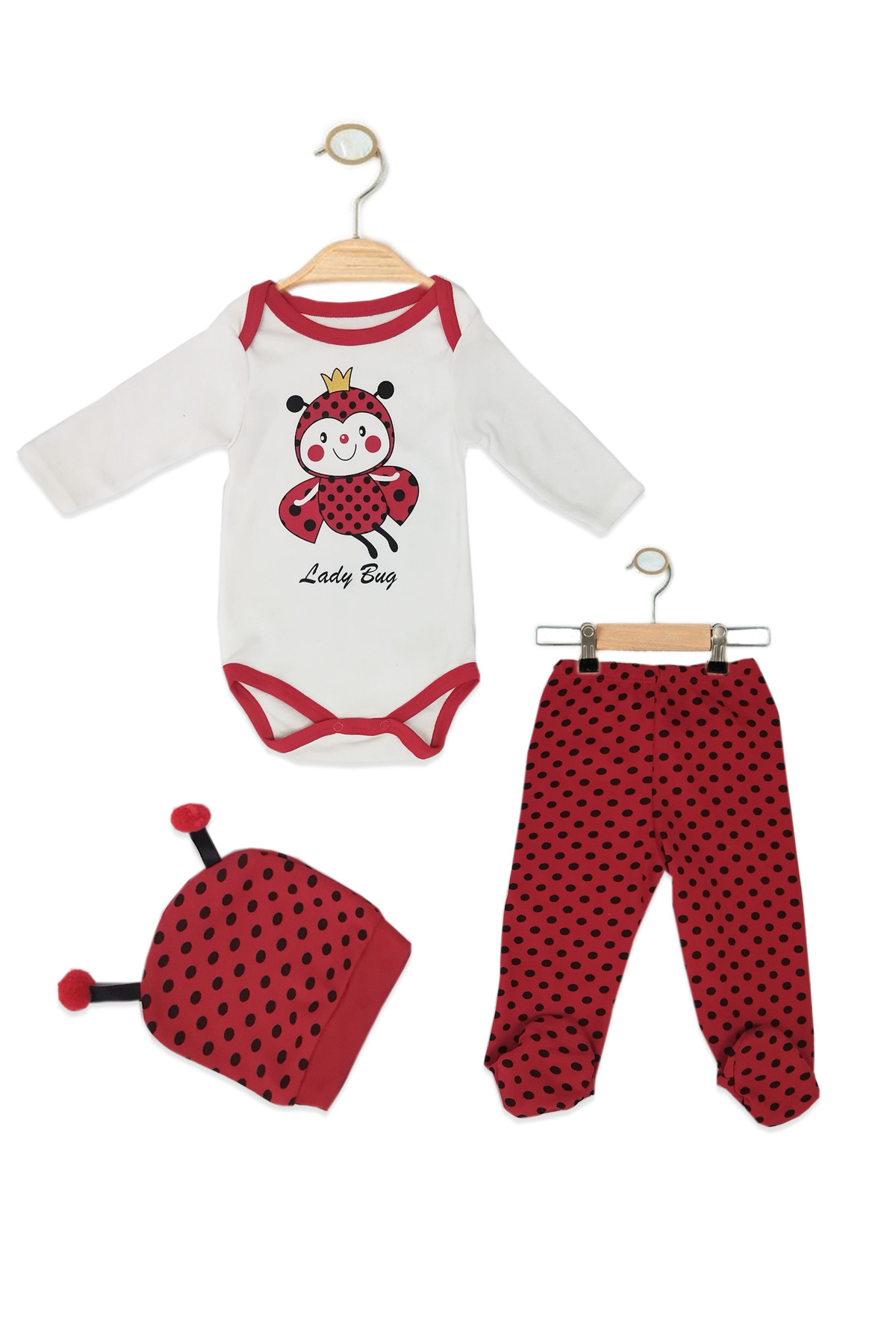 Trend Bebe Butik "Uğur Böceği Temalı 3'lü Bebek Zıbın Takımı %100 Pamuk Unisex Yenidoğan ve 0-6 Ay Bebek Kıyafet Seti fotoğrafı 2 (önizleme)