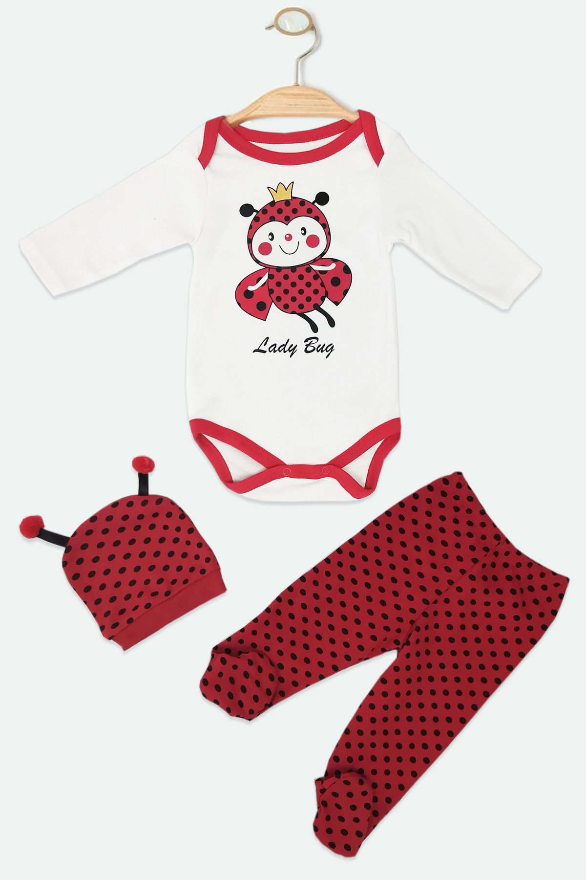 Trend Bebe Butik "Uğur Böceği Temalı 3'lü Bebek Zıbın Takımı %100 Pamuk Unisex Yenidoğan ve 0-6 Ay Bebek Kıyafet Seti fotoğrafı 3 (önizleme)