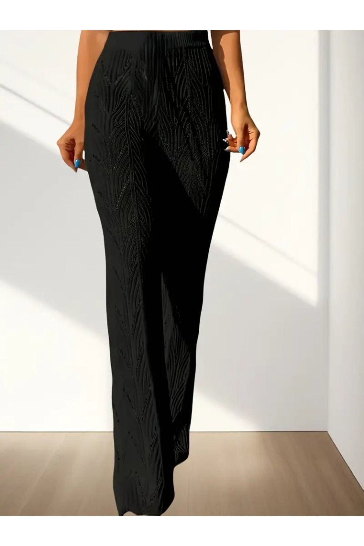 velmorafashion Kadın Yüksek Bel Bağcıklı Desenli Triko Plaj Pantolon