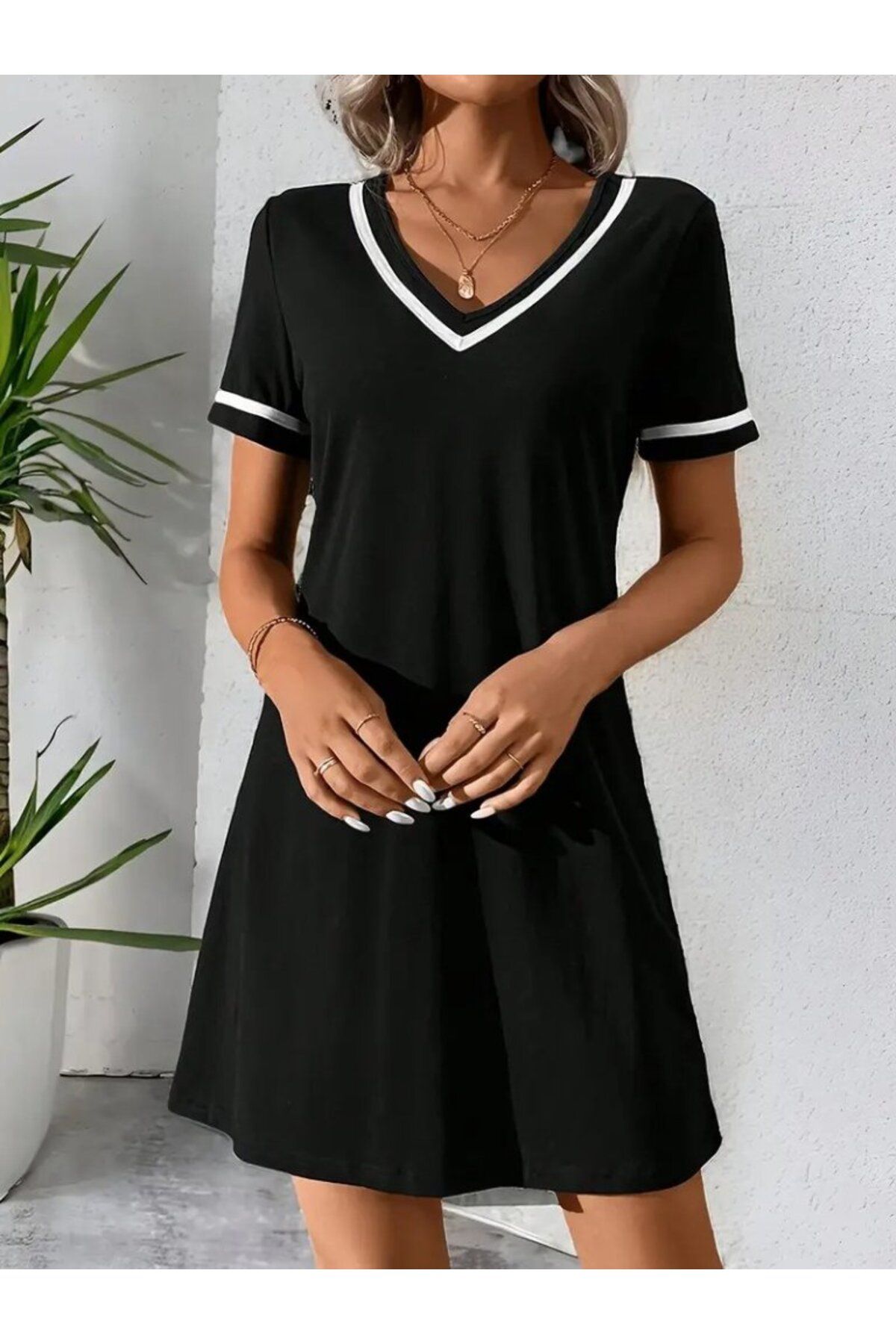velmorafashion Kadın Kısa Kollu V çizgili Yakalı Kısa Viskon Elbise