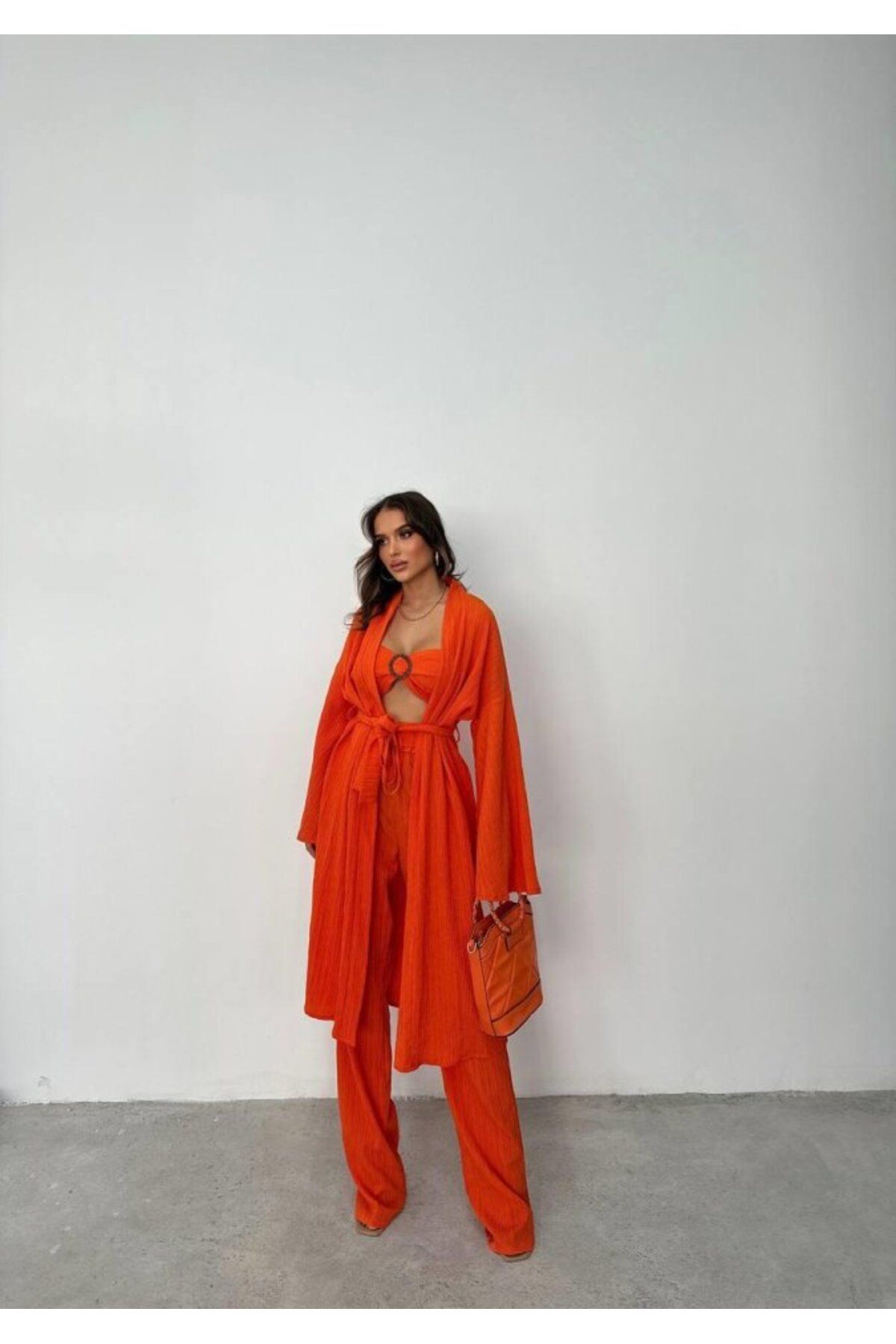 velmorafashion KRINKILL BÜSTİYER-PANTOLON-KİMONO TAKIM - Orange