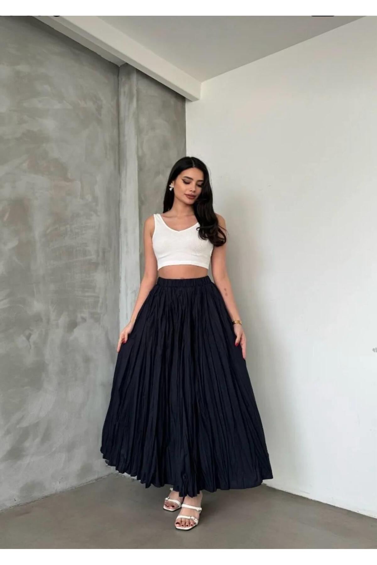 Navy Blue Elastic Waist Crinkle Micro Long Women's Skirt - Görsel 3