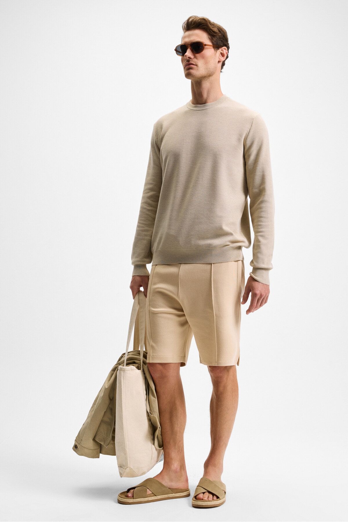 GRIMELANGE-Matsen Men's Relaxed Beige Shorts with Elastic Waist and Side and Back Pockets 2