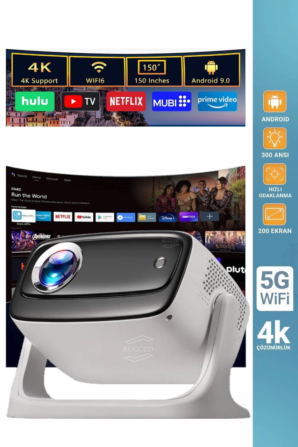 RUGGED Projeksiyon 4K Ultra HD Ev Ofis Fuar Toplantı Sunumları Sinema Oyun Android WiFi Bluetooth Projektör