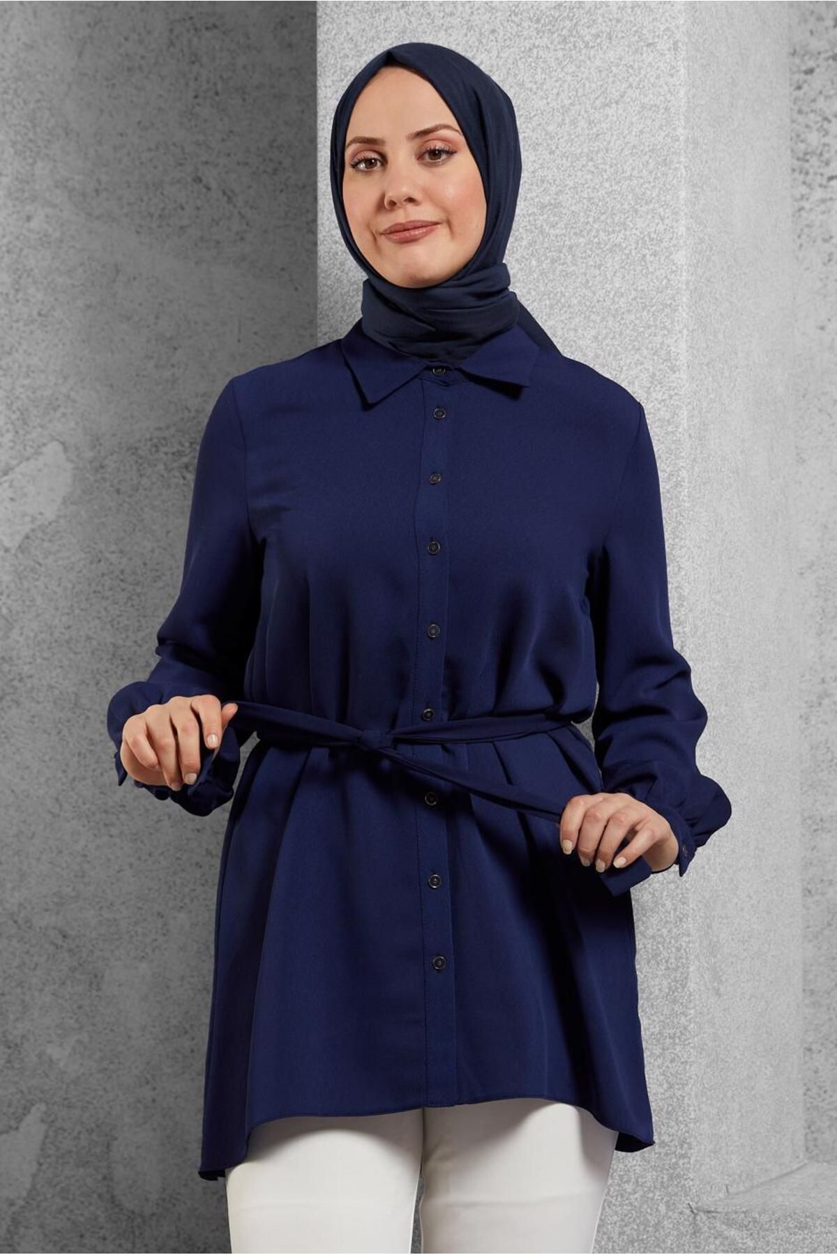 تونیک پیراهن برش نامتقارن کمربند 43671 Alvina