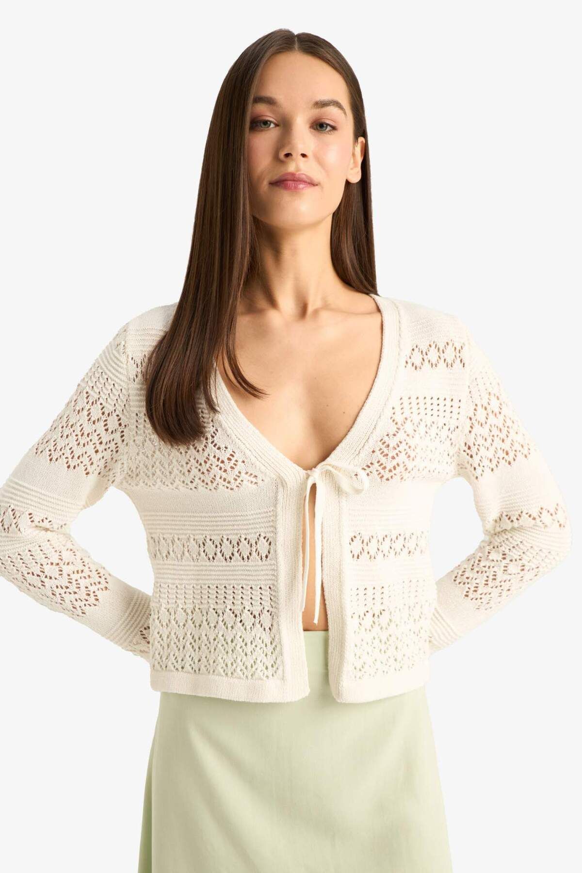 DeFacto-Cool V-Neck Lace-Up Crochet Knitwear Cardigan F1753Ax25Sm 3