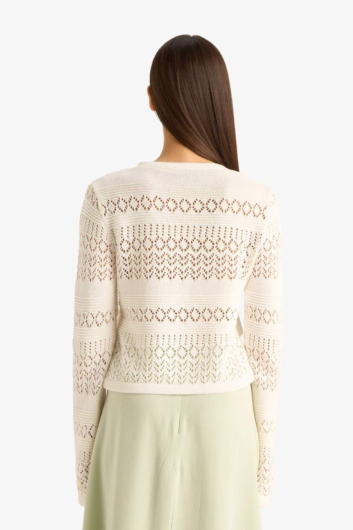 DeFacto-Cool V-Neck Lace-Up Crochet Knitwear Cardigan F1753Ax25Sm 6