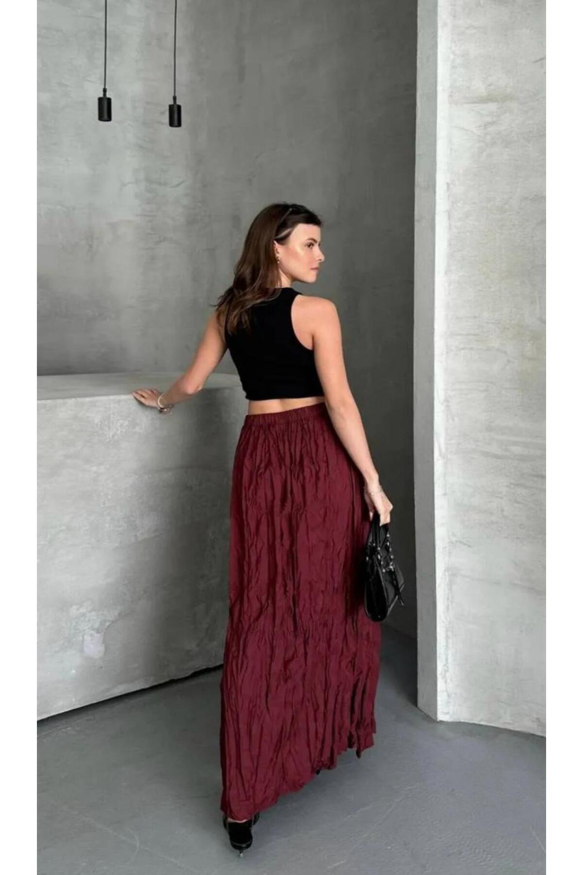 Jupe longue micro pour femme, taille élastique, froissée, bordeaux - Görsel 4