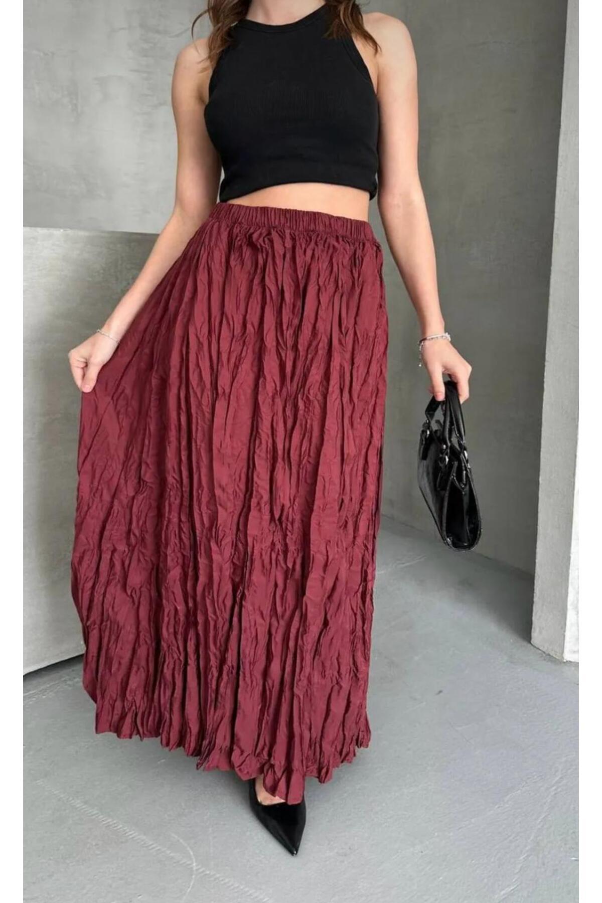 Jupe longue micro pour femme, taille élastique, froissée, bordeaux - Görsel 3
