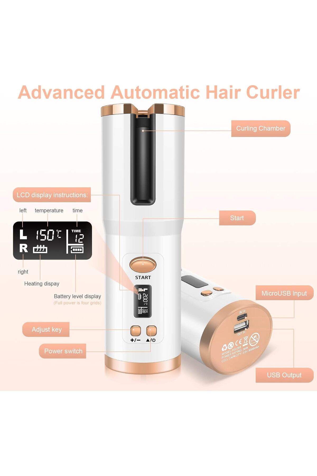 COOYA-Cordless Automatic Curling Iron, with LCD Display, 6 Temperature and Timer Settings, for all hair 4