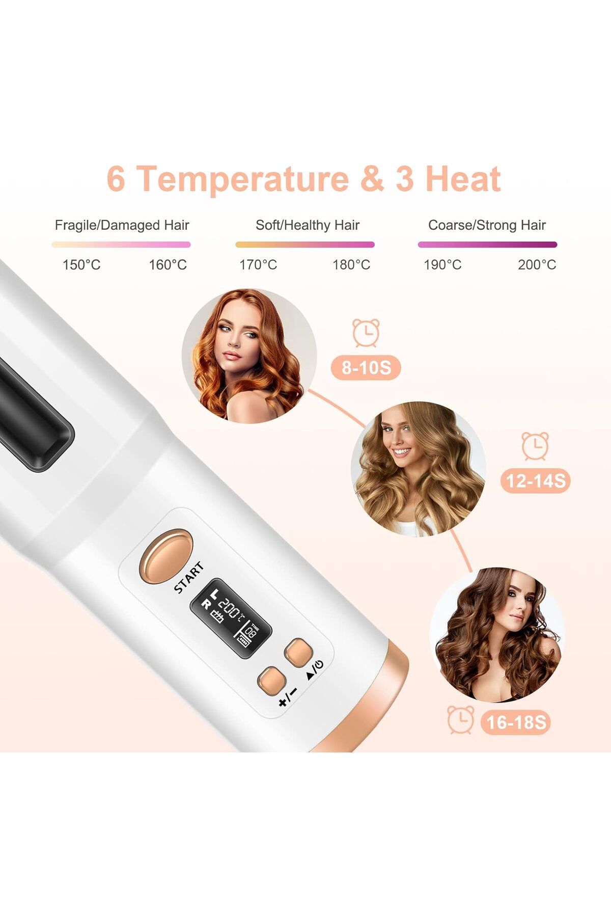 COOYA-Cordless Automatic Curling Iron, with LCD Display, 6 Temperature and Timer Settings, for all hair 3