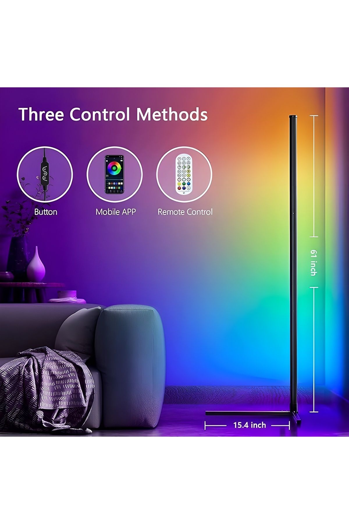 COOYA-Smart RGB LED Floor Lamp, Modern Corner Lamp, Dimmable, Music Sync, APP Control, With Remote, 56" H 2