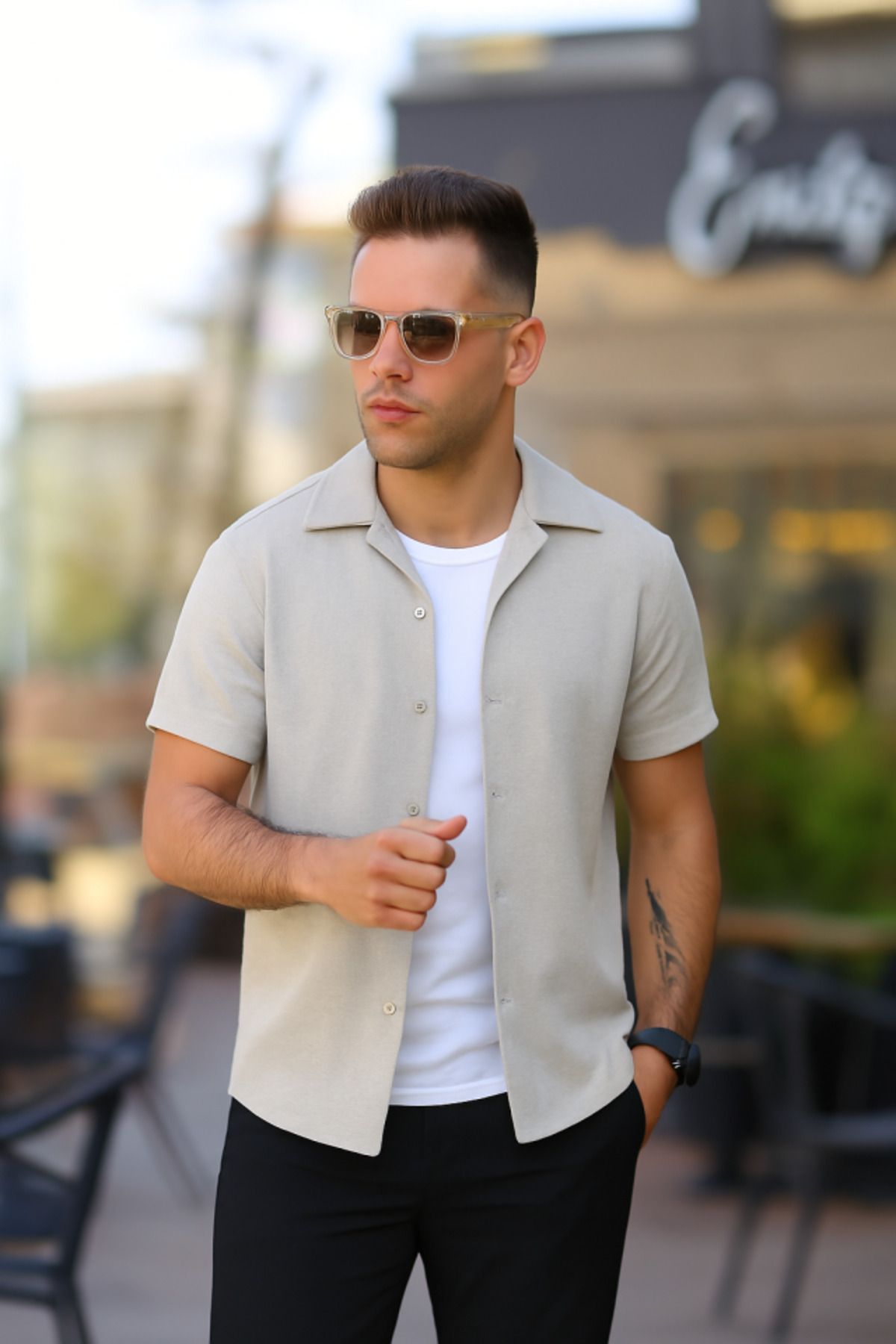 Gökyüzü Moda Erkek Kısa Kollu örme Kumaş Pamuklu Gömlek