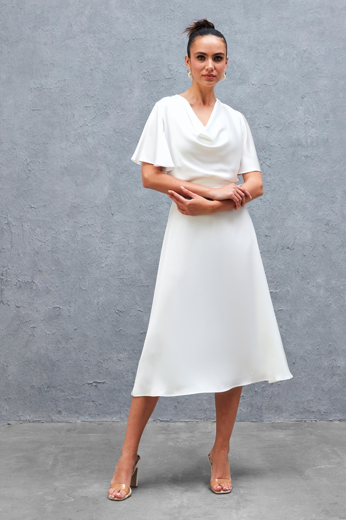 Sateen-Fusta din satin lungime midi ECRU 3