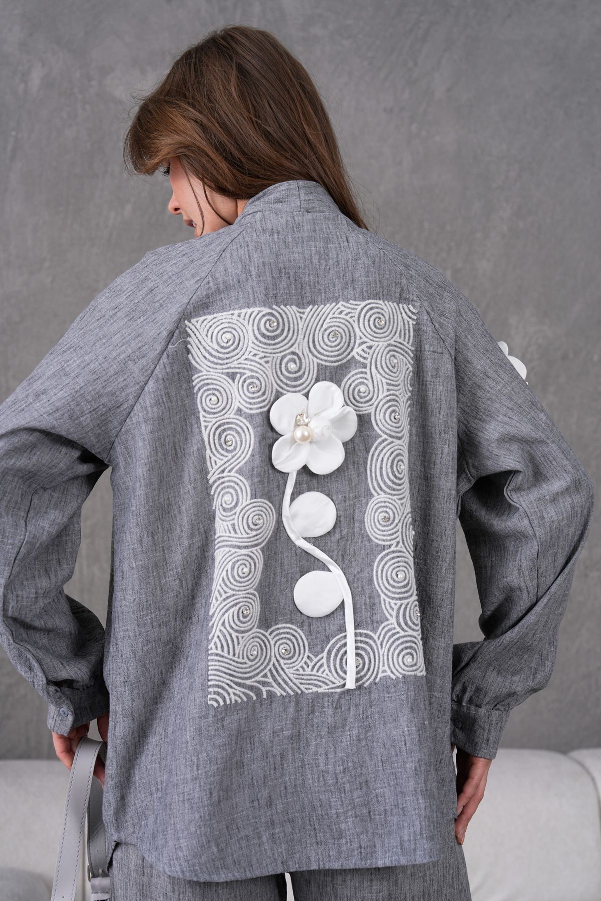 Miss Allos-Women's Back and Sleeves Embroidered Floral Accessories Linen Kimono Jacket and Pants Bottom Top Set 6