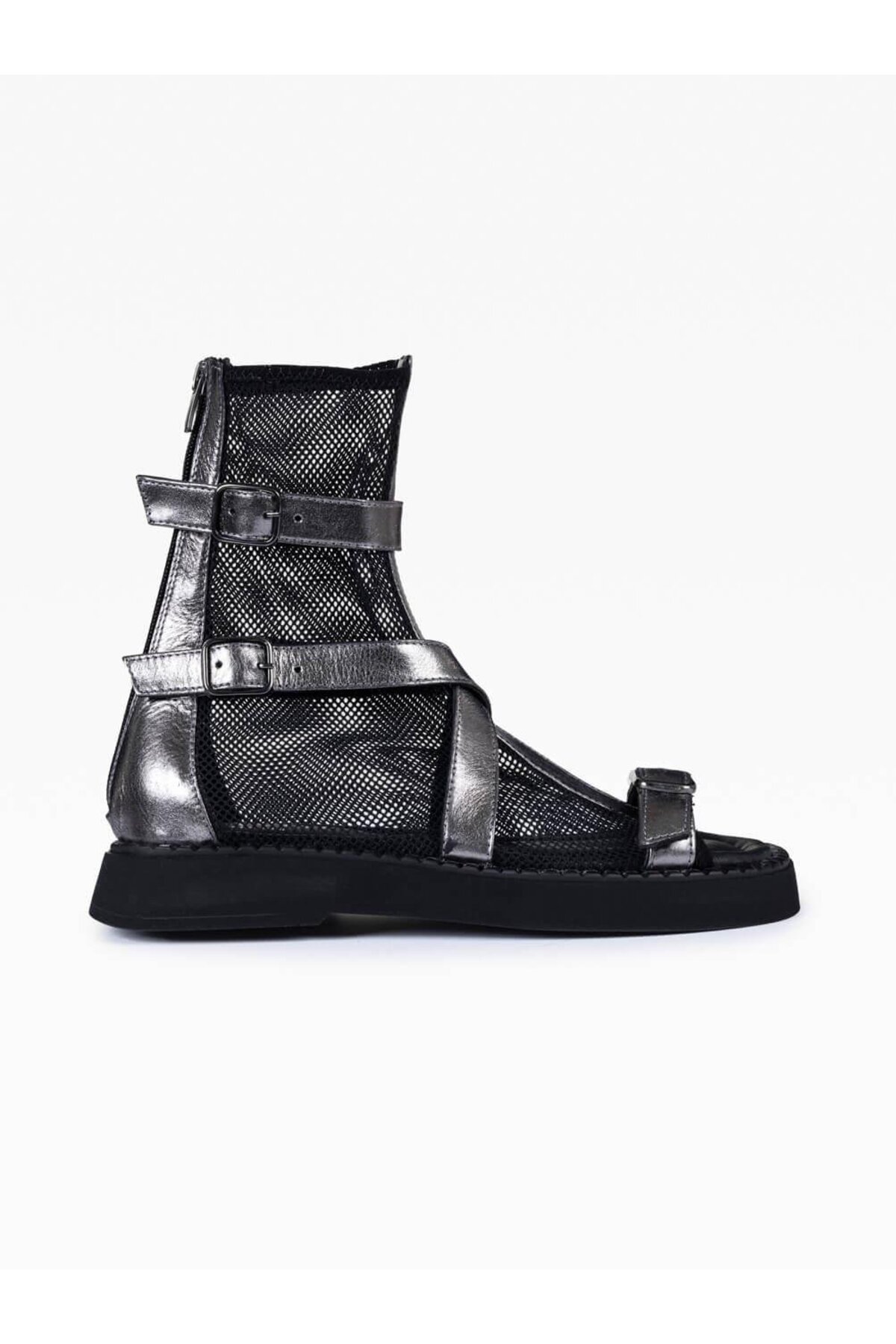 Raffia Lame Leather Women's Black Fishnet Sandals