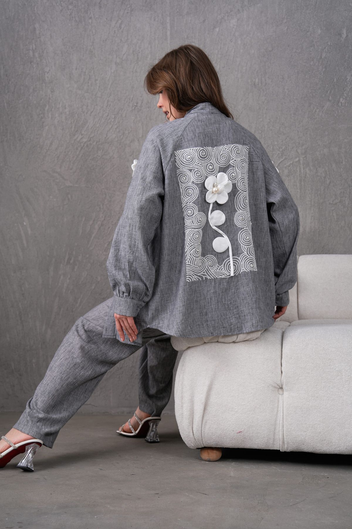 Miss Allos-Women's Back and Sleeves Embroidered Floral Accessories Linen Kimono Jacket and Pants Bottom Top Set 5