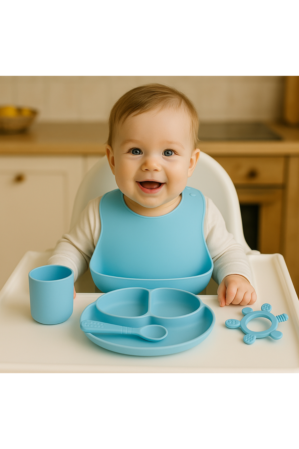 CKM silikon Mavi silikon 3lü bebek beslenme seti- vakumlu tabak önlük ve kaşık set fotoğrafı 5 (önizleme)