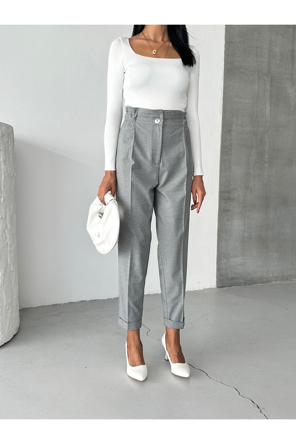 OUZ Fashion-Women's Double Leg Elastic Waist Ankle Length Trousers 4