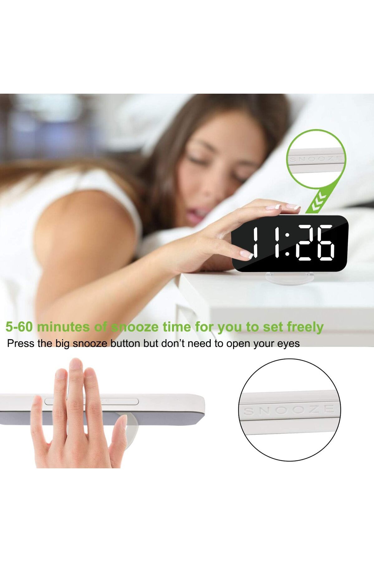COOYA-Digital Clock, LED Large Display Mirror Surface with 3 Levels Brightness, Dual USB Ports, White 5