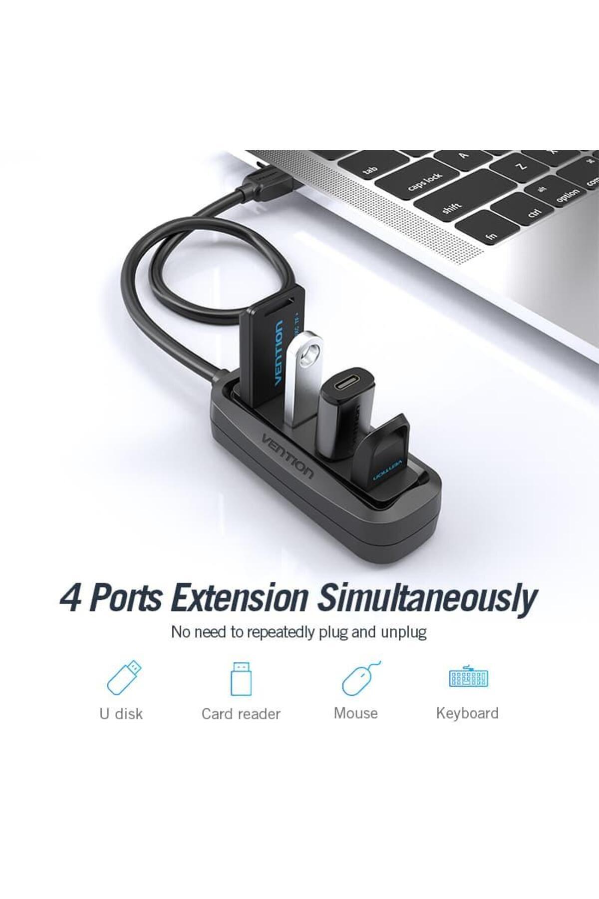 Vention-USB 2.0 Hub, 4 Ports USB Splitter OTG Adapter, 15cm Cable, Vention, Black 4